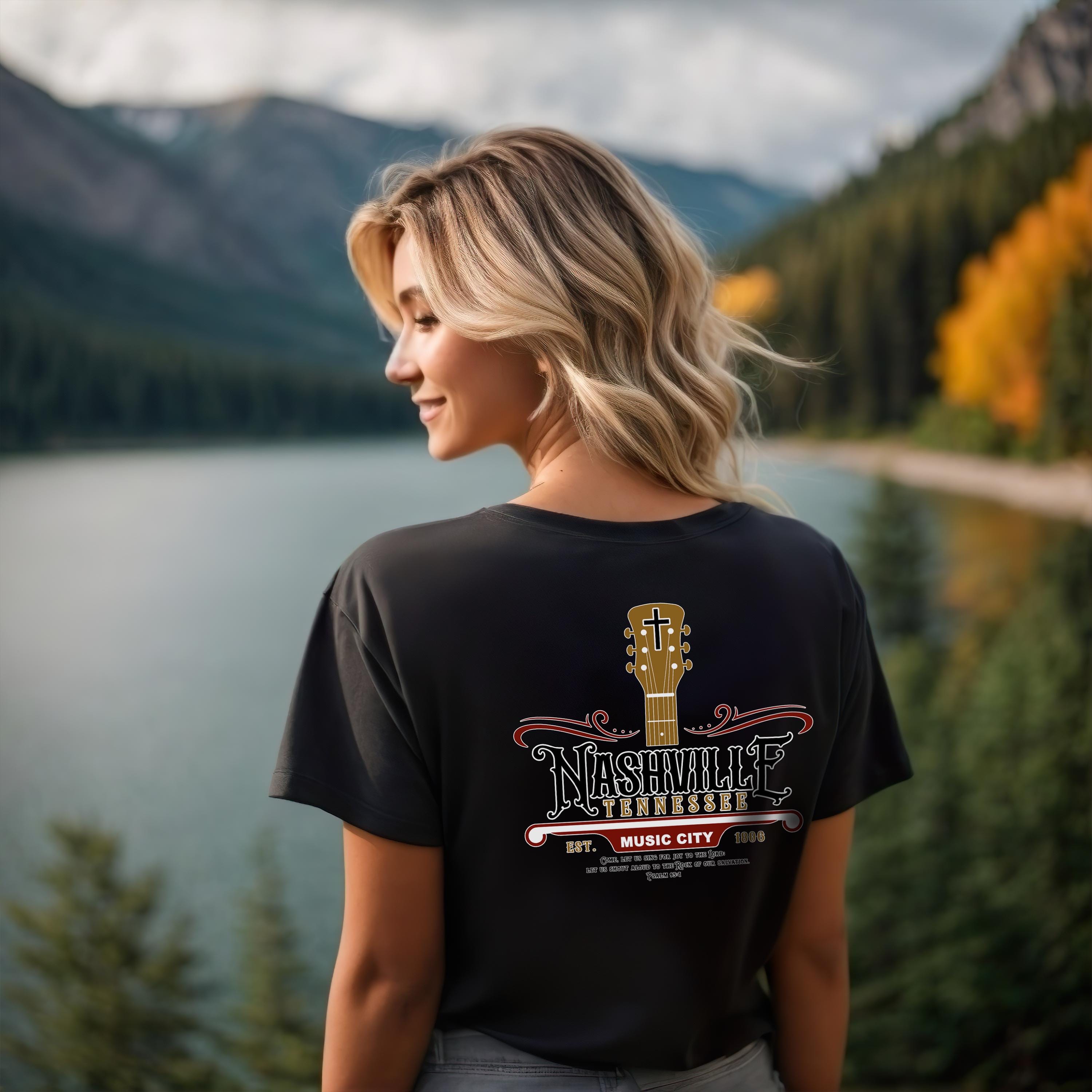 TN-Nashville Music City Christian Shirt Faith and Country, Back Printed Tee, Psalm 95, Tennessee Jesus Shirt, God Bless America Collection