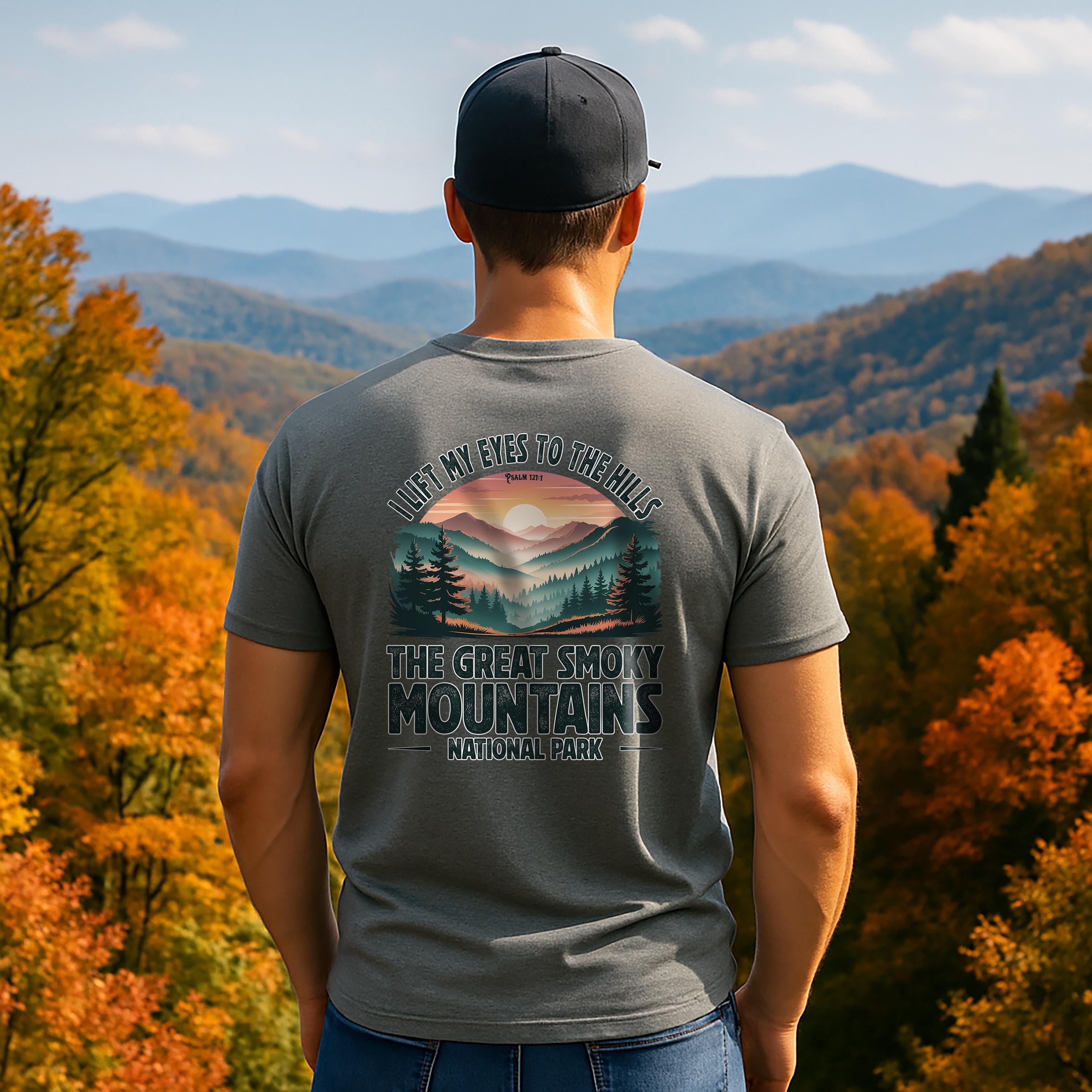 TN-The Great Smoky Mountains Christian T-Shirt, I Lift My Eyes to the Hills, Psalm 121, Faith and Nature Tee, God Bless America Collection
