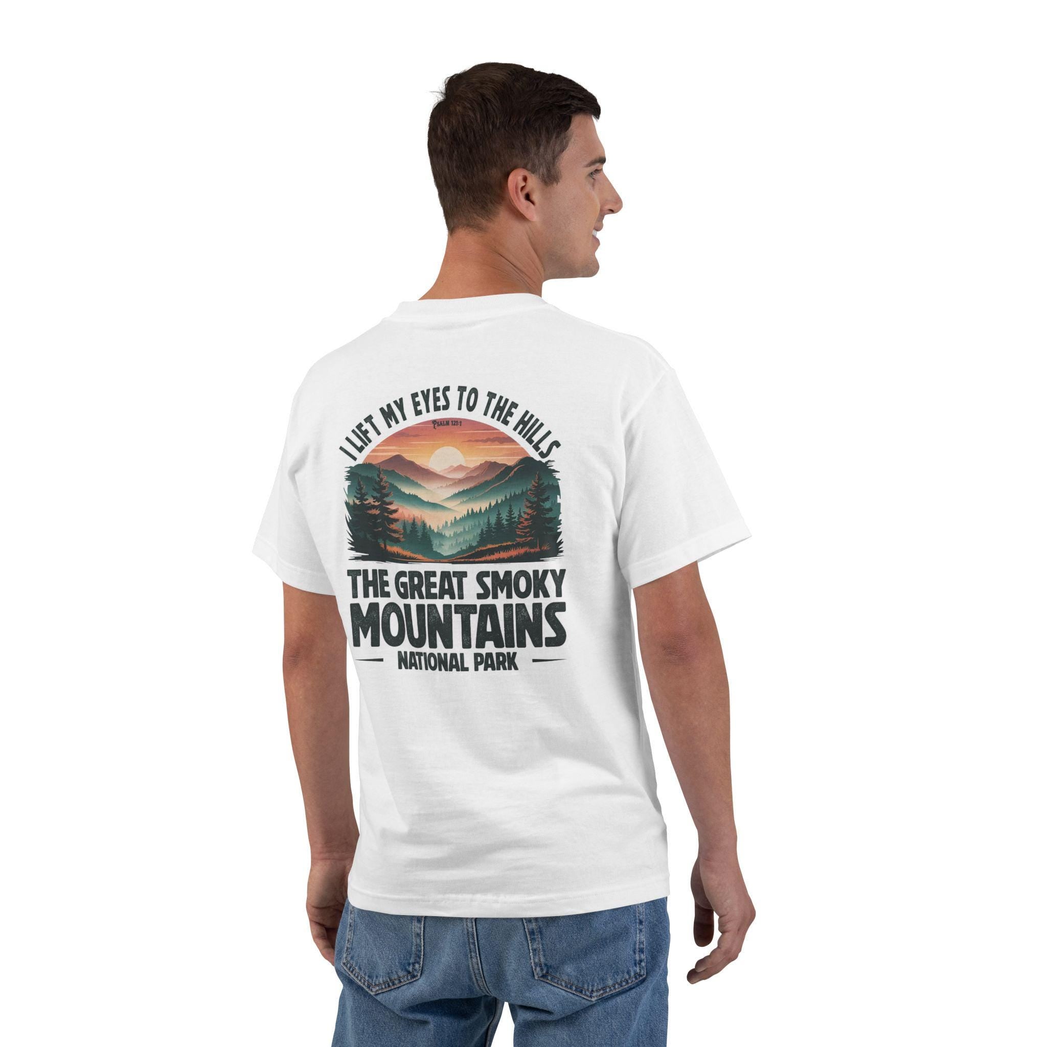 TN-The Great Smoky Mountains Christian T-Shirt, I Lift My Eyes to the Hills, Psalm 121, Faith and Nature Tee, God Bless America Collection