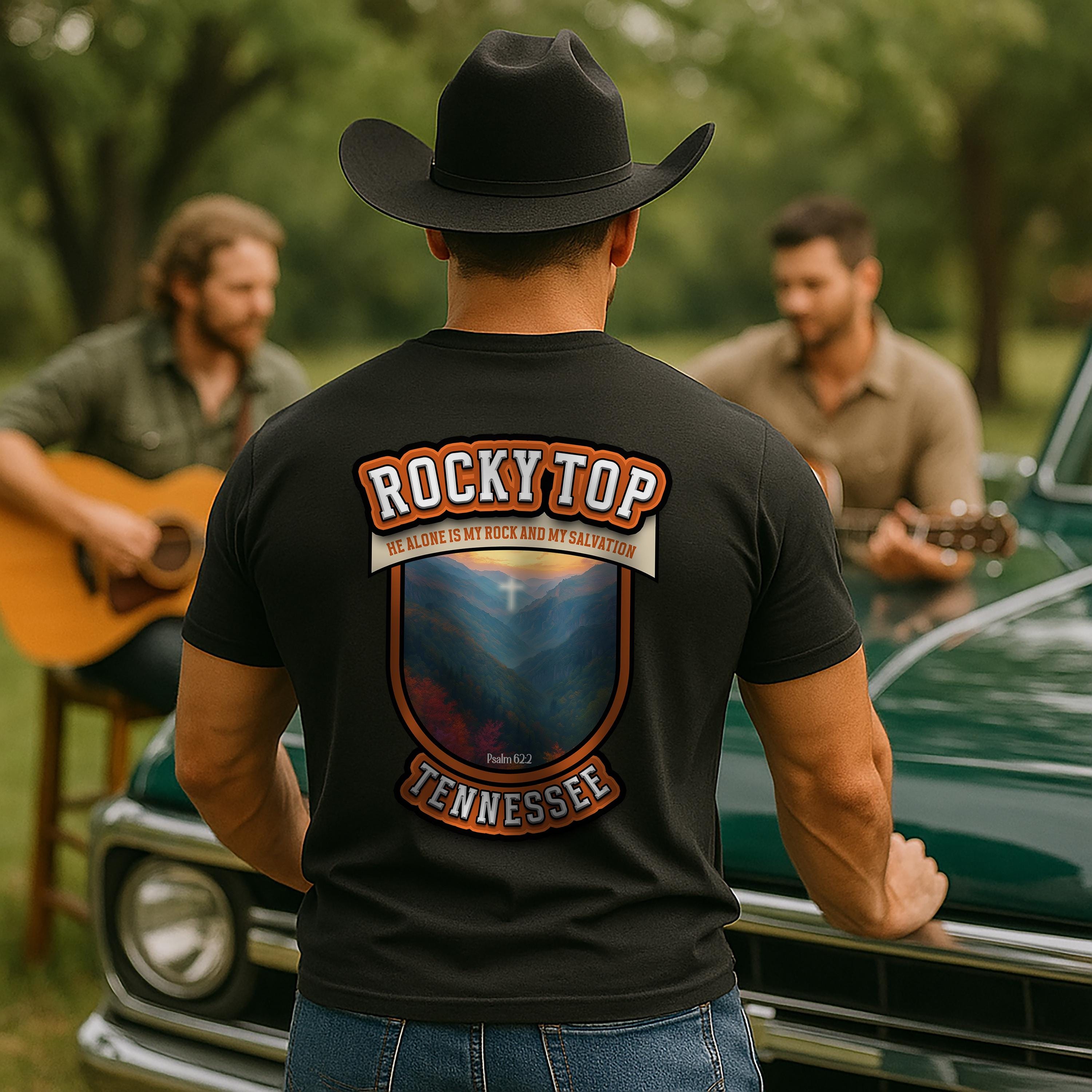 TN-Rocky Top Tennessee Christian T-Shirt, He Alone Is My Rock and Salvation, Psalm 62:2, Redeemed Faith Apparel God Bless America Collection