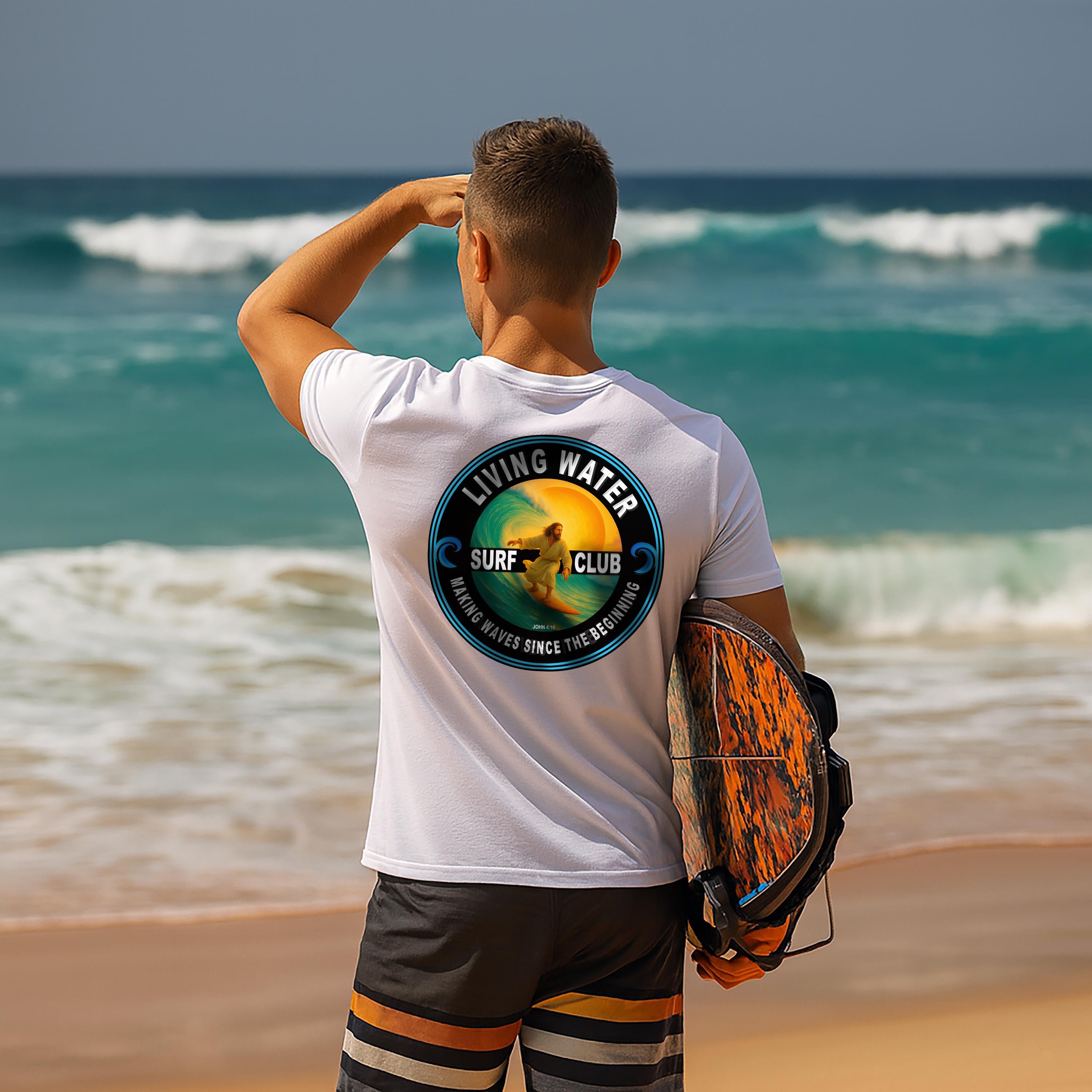 Living Water Surf Club T-Shirt, Jesus Surfing Design, Making Waves Since The Beginning, John 410 Christian Surf Tee, Beach Wear Surfing Gift