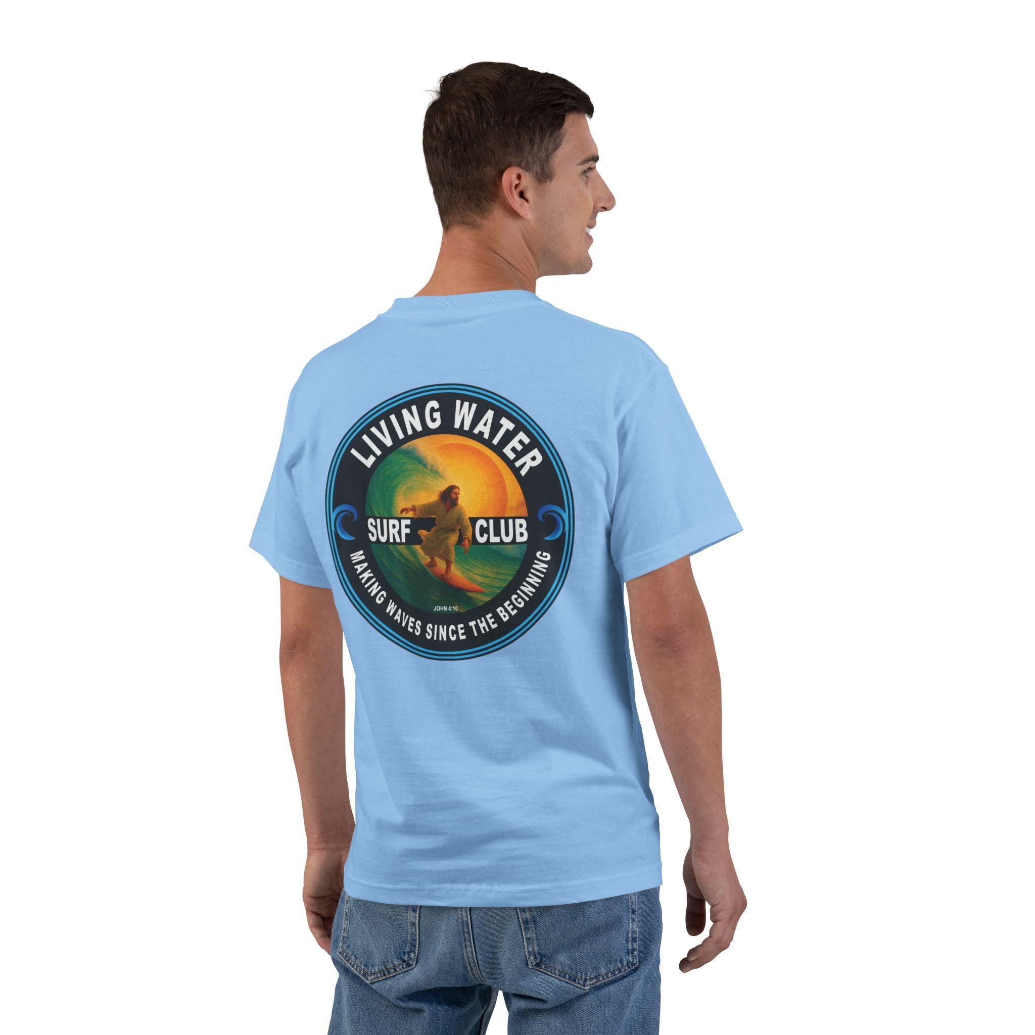 Living Water Surf Club T-Shirt, Jesus Surfing Design, Making Waves Since The Beginning, John 410 Christian Surf Tee, Beach Wear Surfing Gift