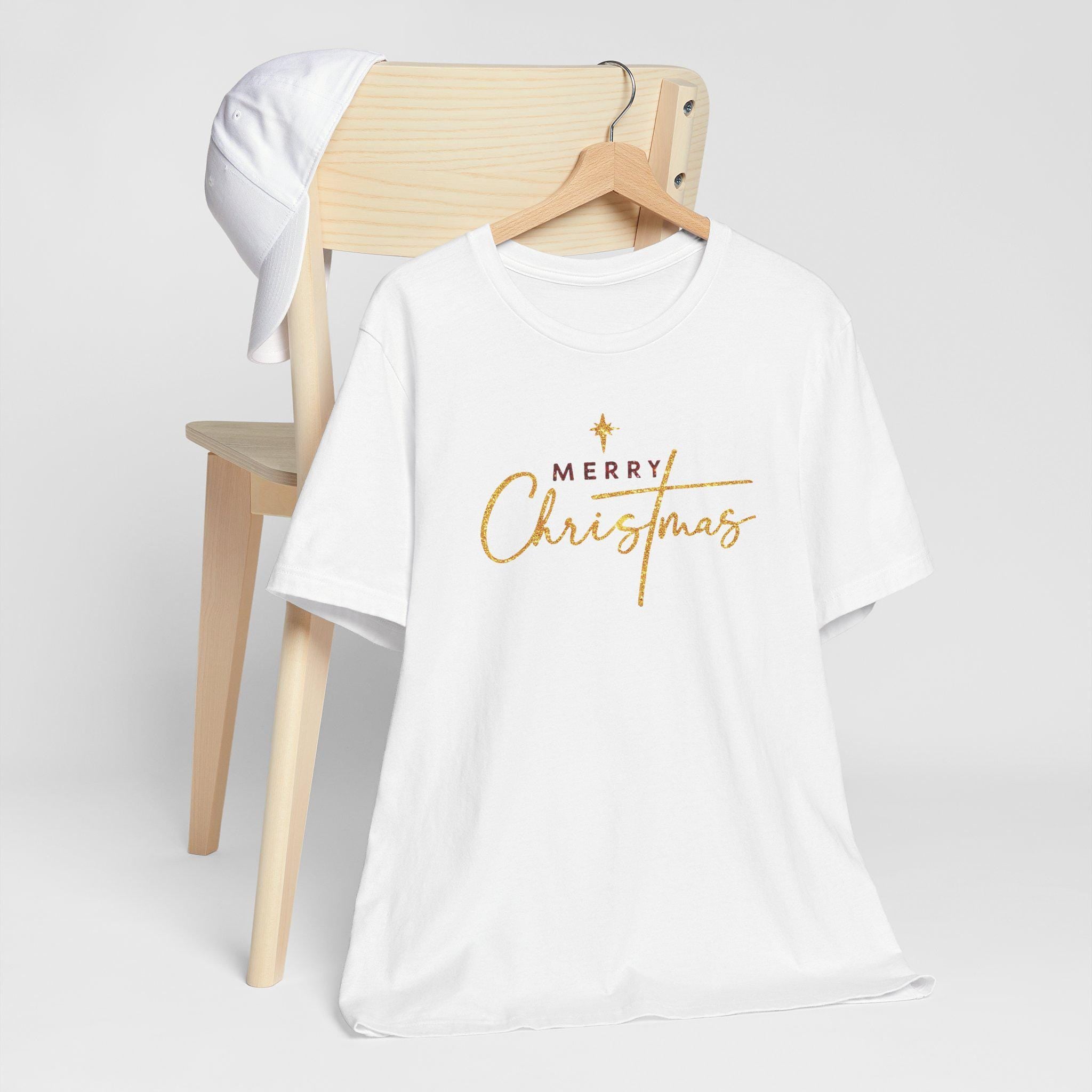 Merry Christmas Christian T-Shirt | Gold and Red Glitter Holiday Shirt | Faith Christmas Tee | Redeemed Faith Apparel | Christmas Collection