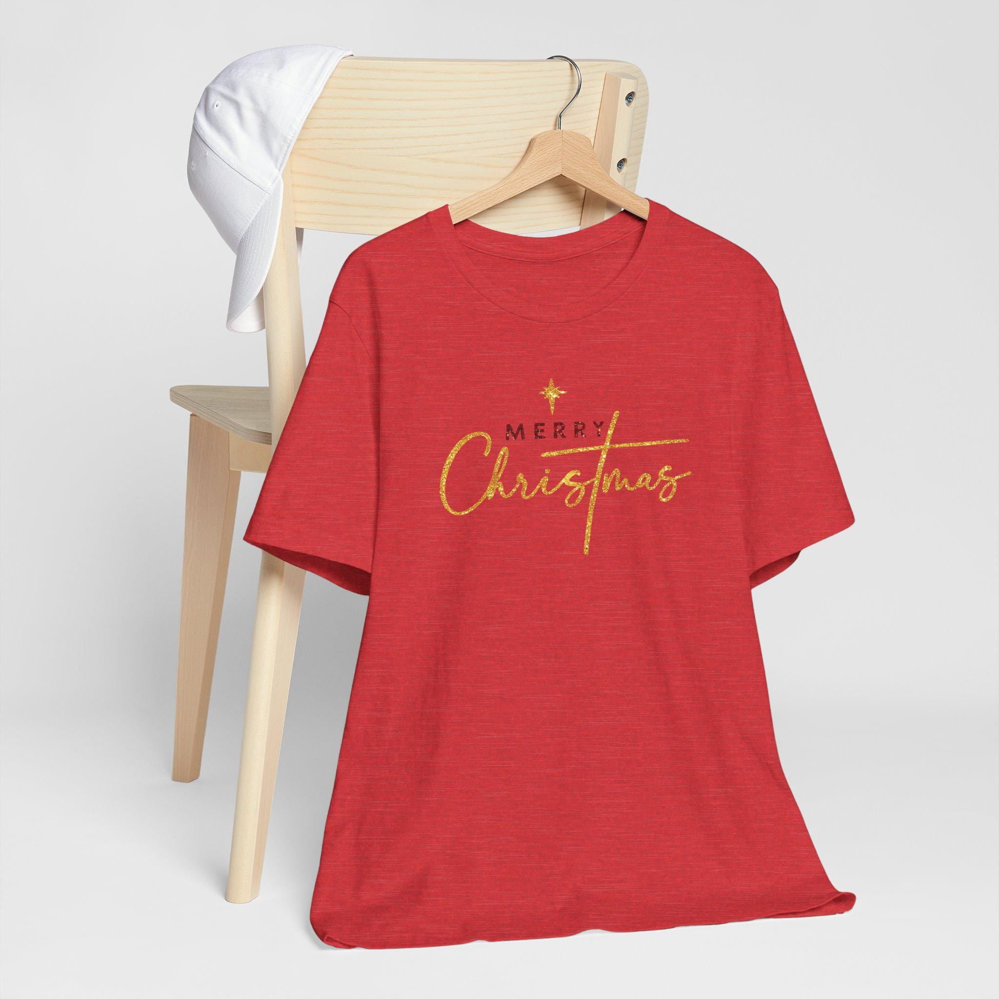 Merry Christmas Christian T-Shirt | Gold and Red Glitter Holiday Shirt | Faith Christmas Tee | Redeemed Faith Apparel | Christmas Collection