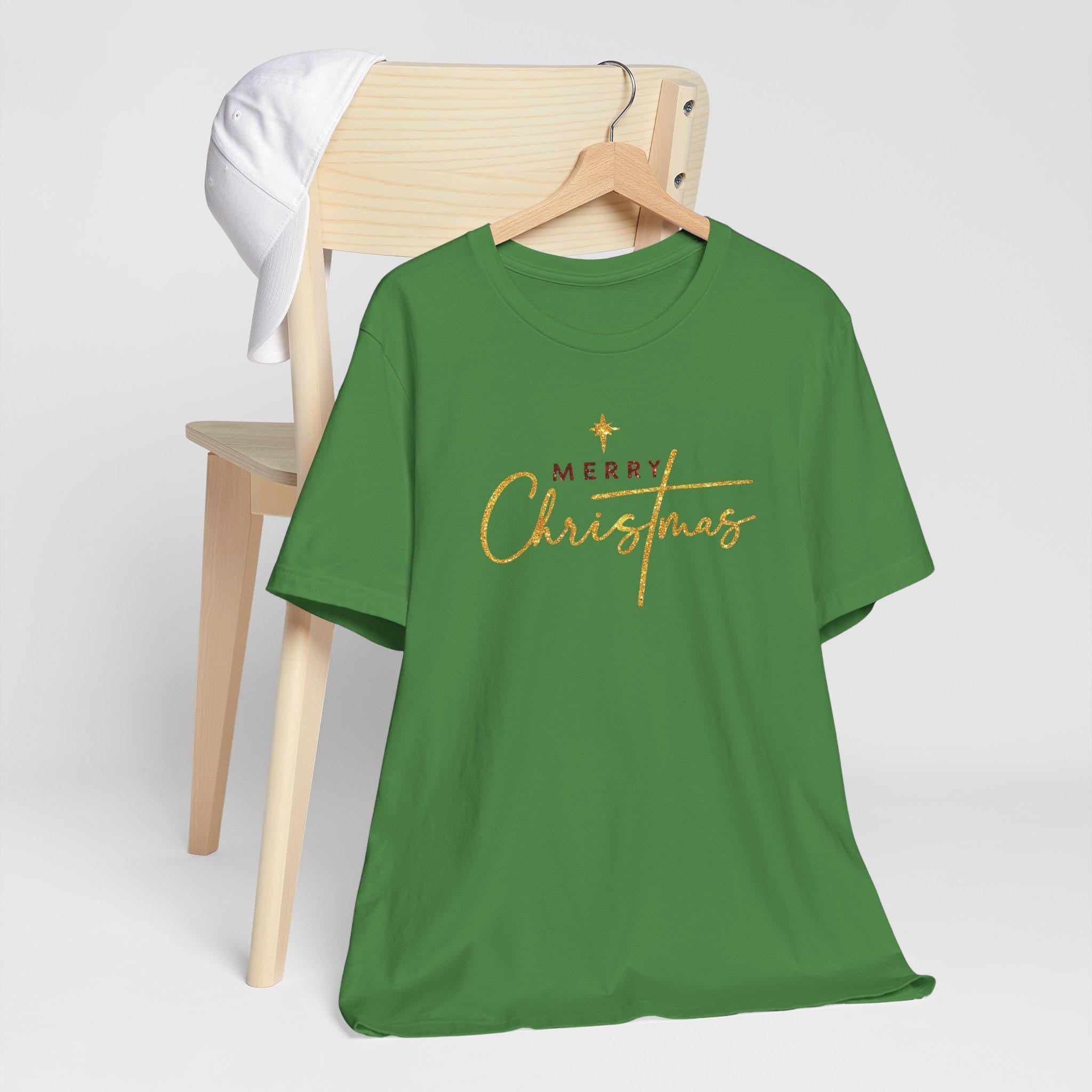 Merry Christmas Christian T-Shirt | Gold and Red Glitter Holiday Shirt | Faith Christmas Tee | Redeemed Faith Apparel | Christmas Collection