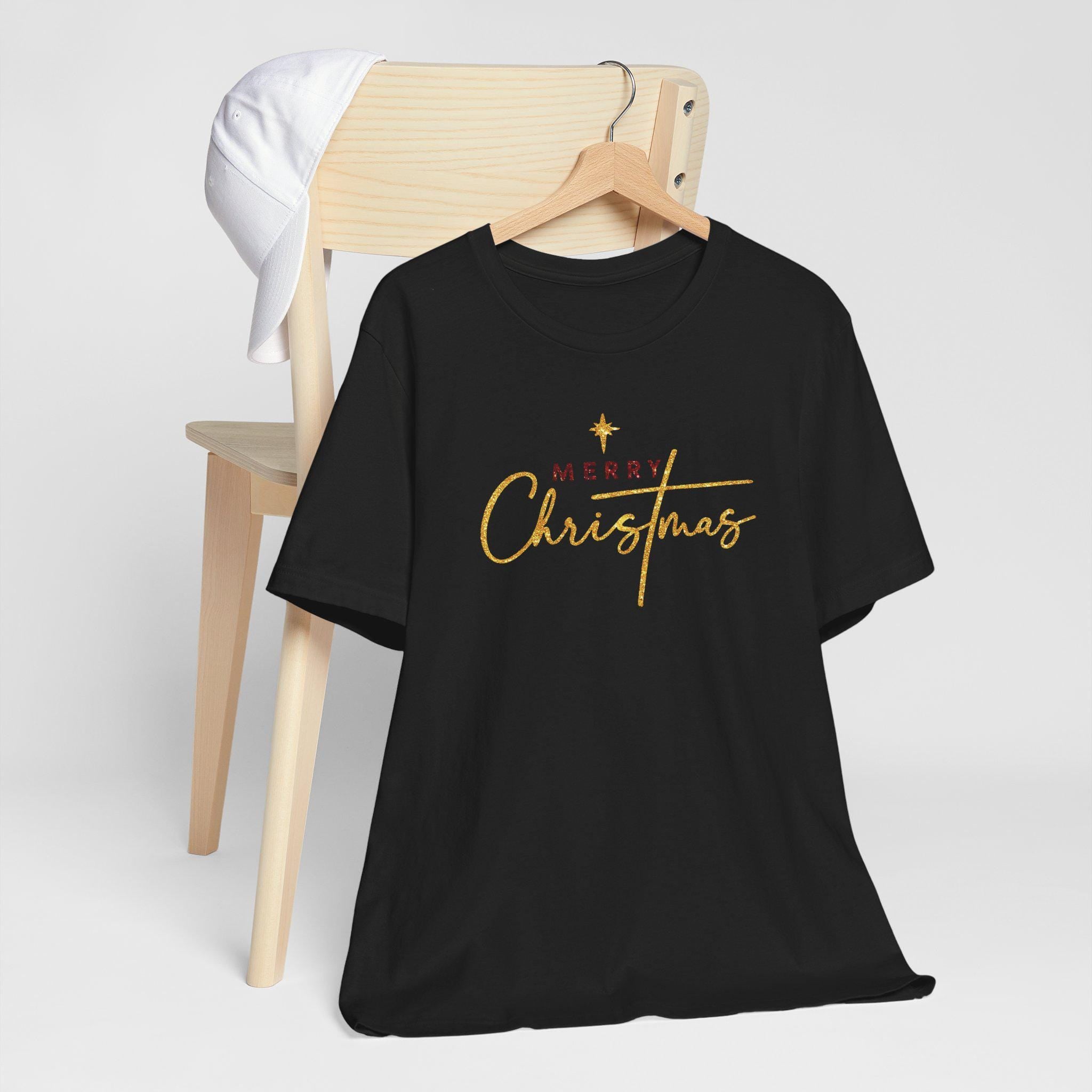 Merry Christmas Christian T-Shirt | Gold and Red Glitter Holiday Shirt | Faith Christmas Tee | Redeemed Faith Apparel | Christmas Collection
