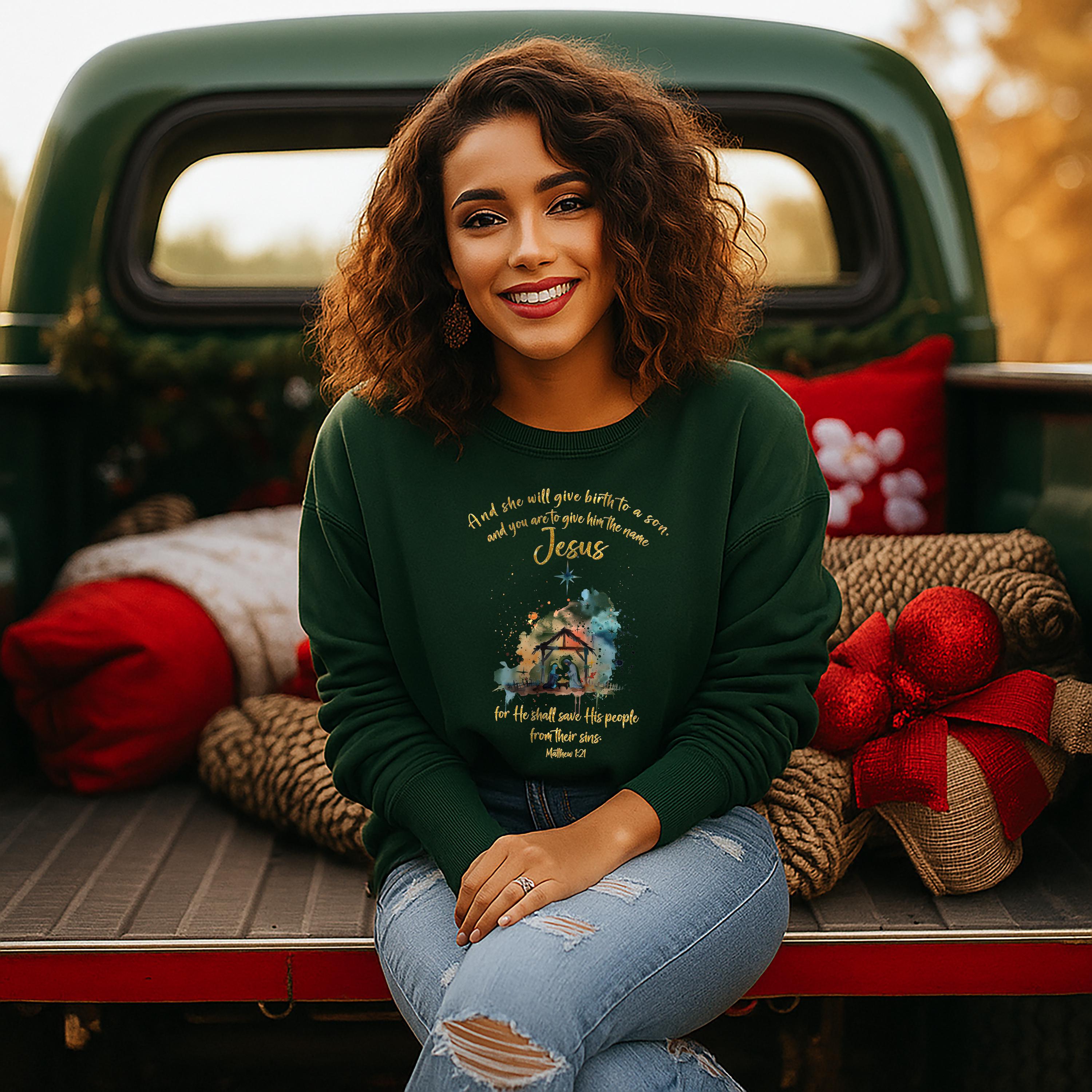 Nativity Christian Crewneck Sweatshirt, Matthew 1:21, Jesus Birth Sweatshirt, Redeemed Faith Apparel, Christmas Collection Crewneck