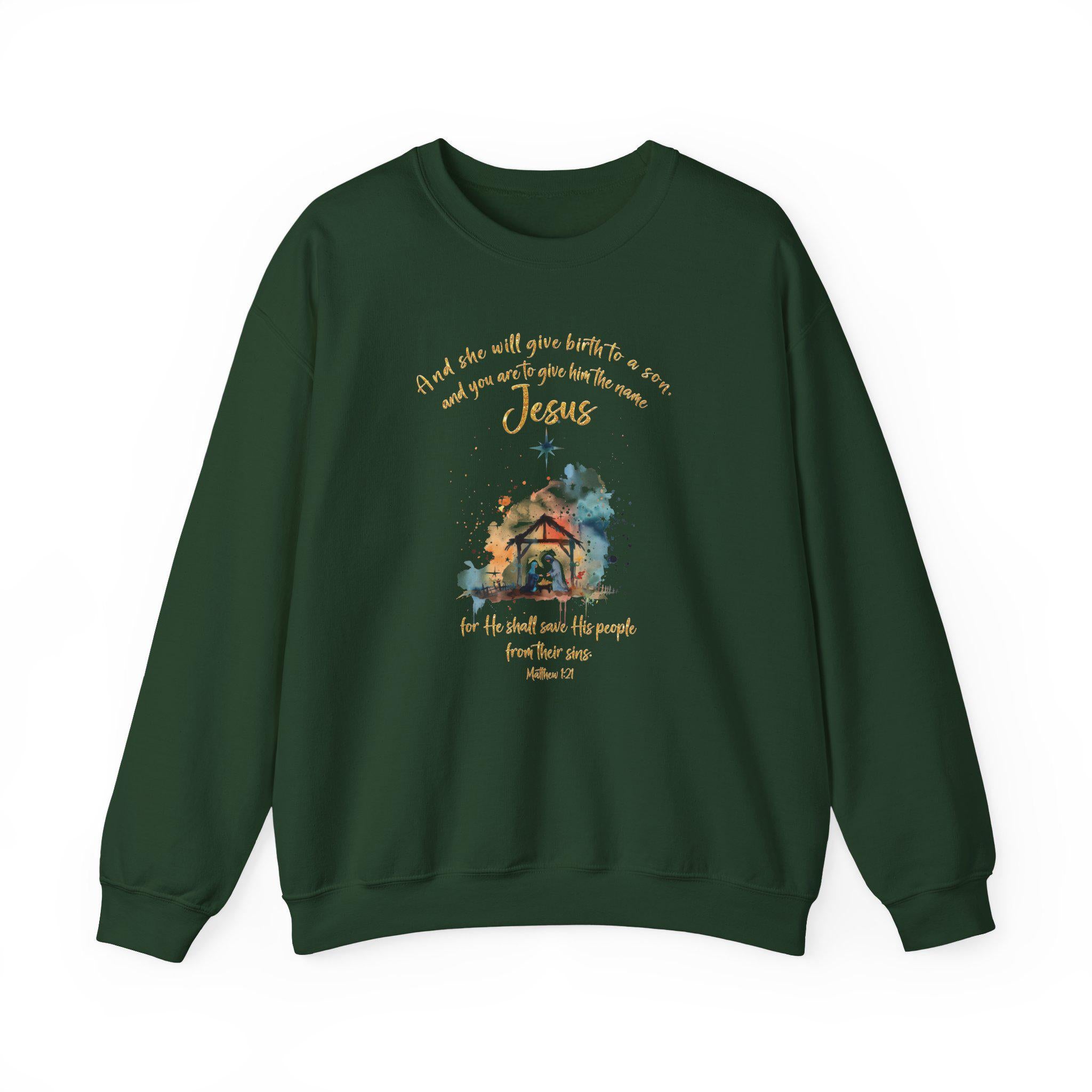 Nativity Christian Crewneck Sweatshirt, Matthew 1:21, Jesus Birth Sweatshirt, Redeemed Faith Apparel, Christmas Collection Crewneck