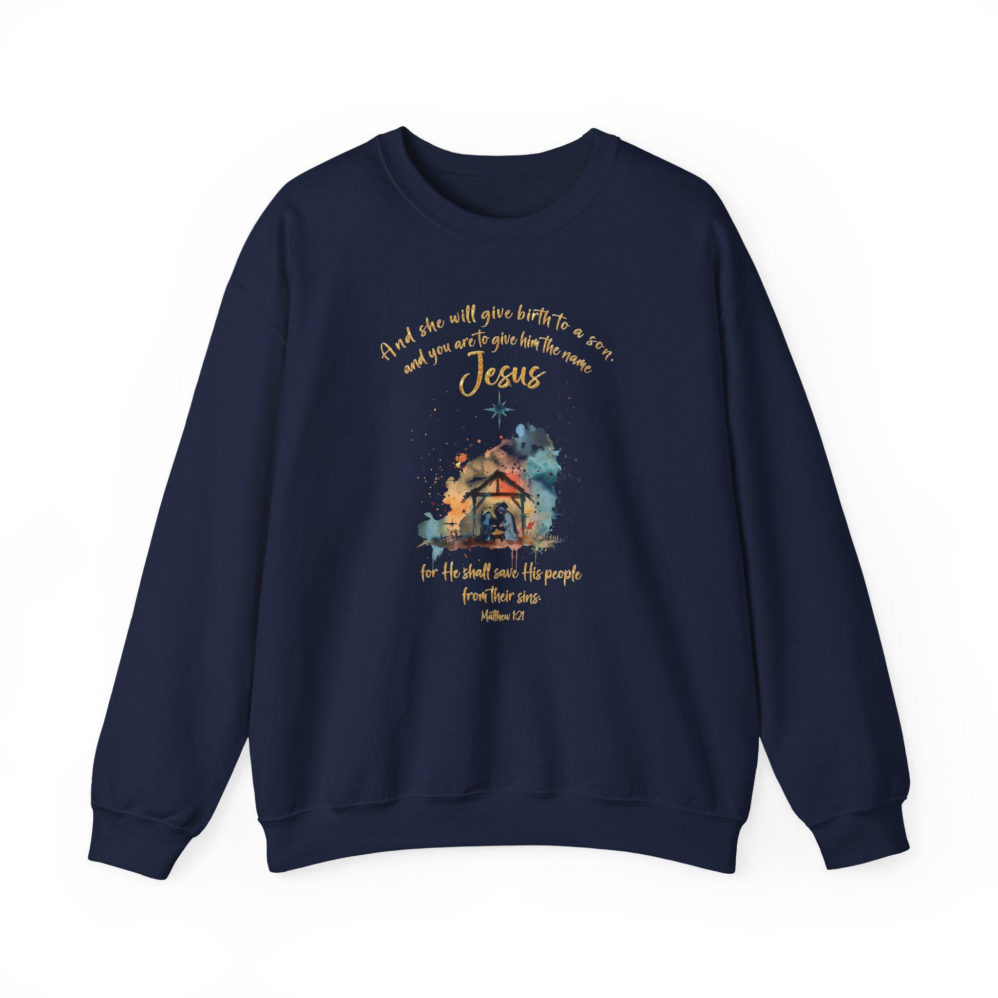Nativity Christian Crewneck Sweatshirt, Matthew 1:21, Jesus Birth Sweatshirt, Redeemed Faith Apparel, Christmas Collection Crewneck