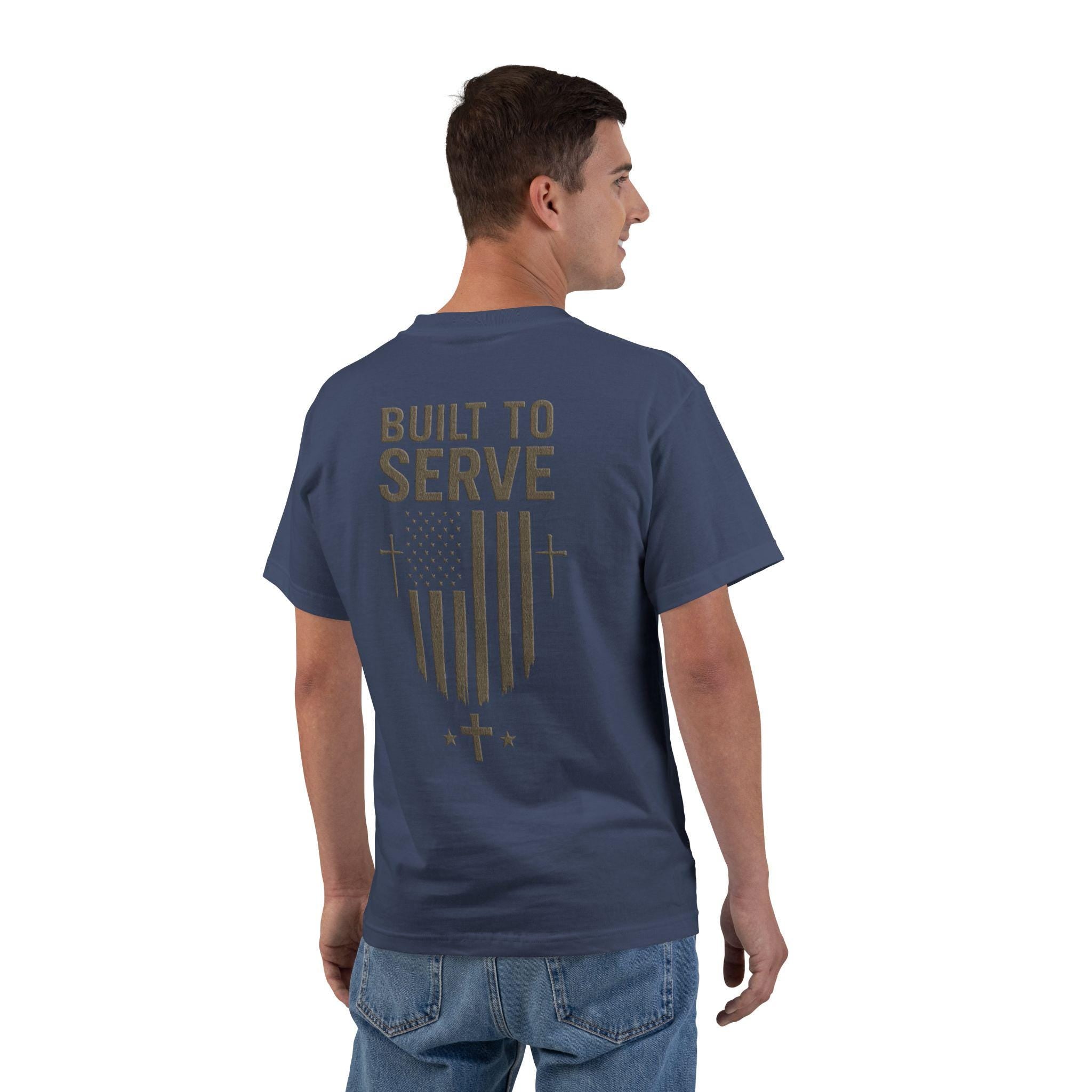 Built to Serve Christian T-Shirt: Patriotic American Flag Cross Tee