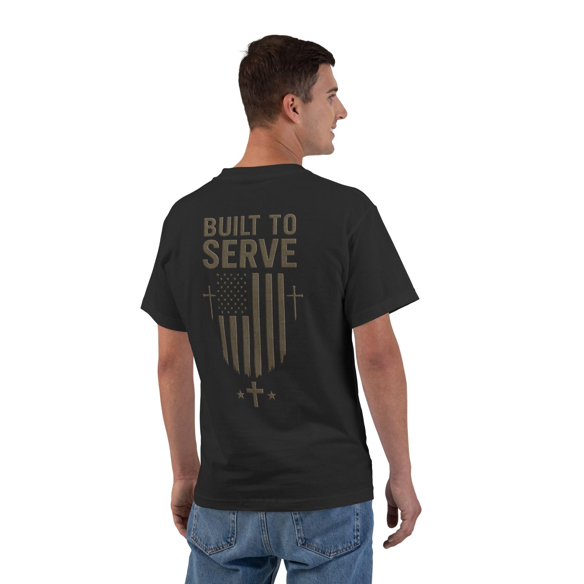 Built to Serve Christian T-Shirt: Patriotic American Flag Cross Tee