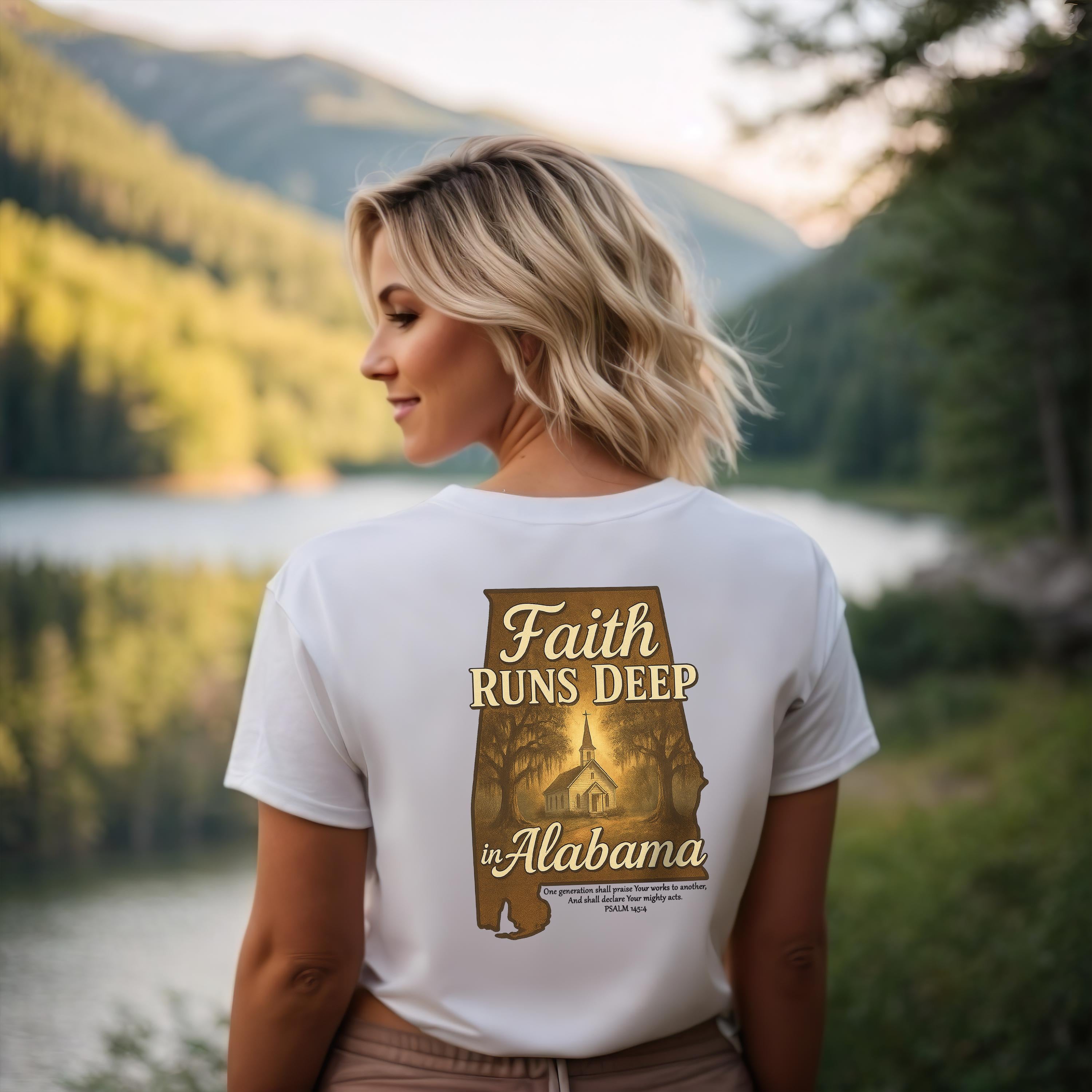 AL-Womens Faith Runs Deep In Alabama Christian T-Shirt, Country Church, Southern Faith Graphic Tee, Alabama Love, Faith-Based T-Shirt