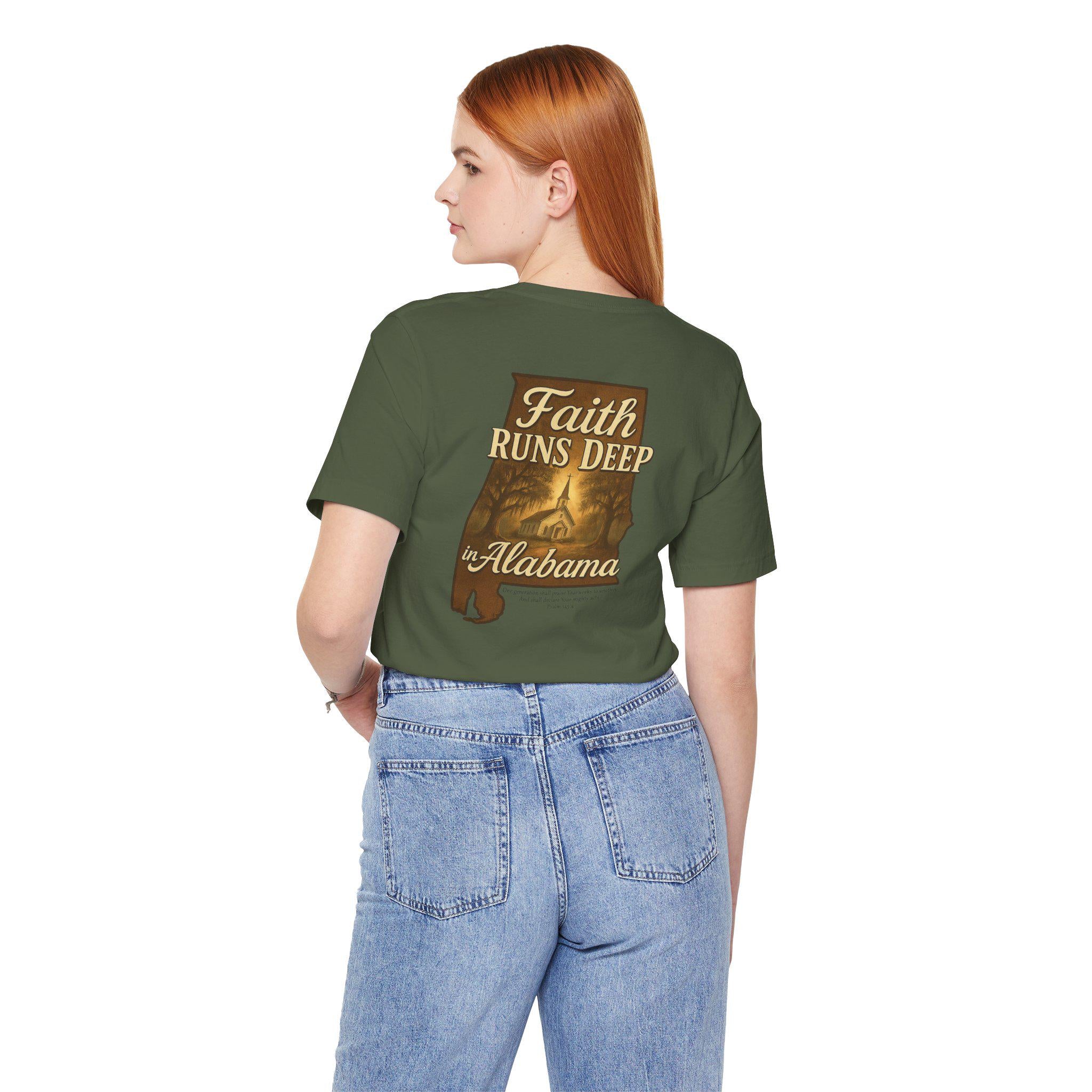 AL-Womens Faith Runs Deep In Alabama Christian T-Shirt, Country Church, Southern Faith Graphic Tee, Alabama Love, Faith-Based T-Shirt