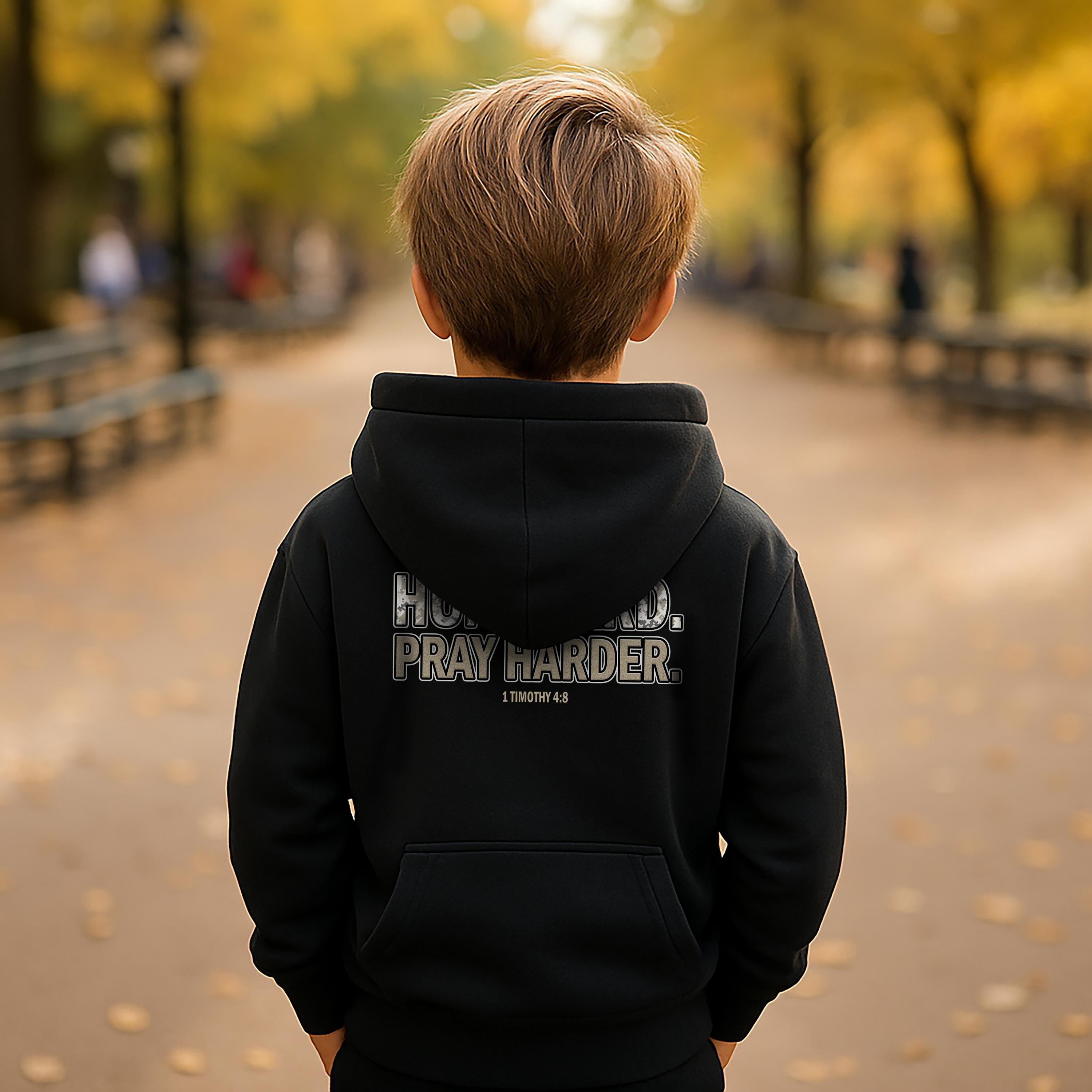 Hunt Hard Pray Harder Youth Christian Hoodie | 1 Timothy 4:8 | Camo Hunting Faith Hoodie | Christian Kids Gifts | Outdoors Scripture Hoodie