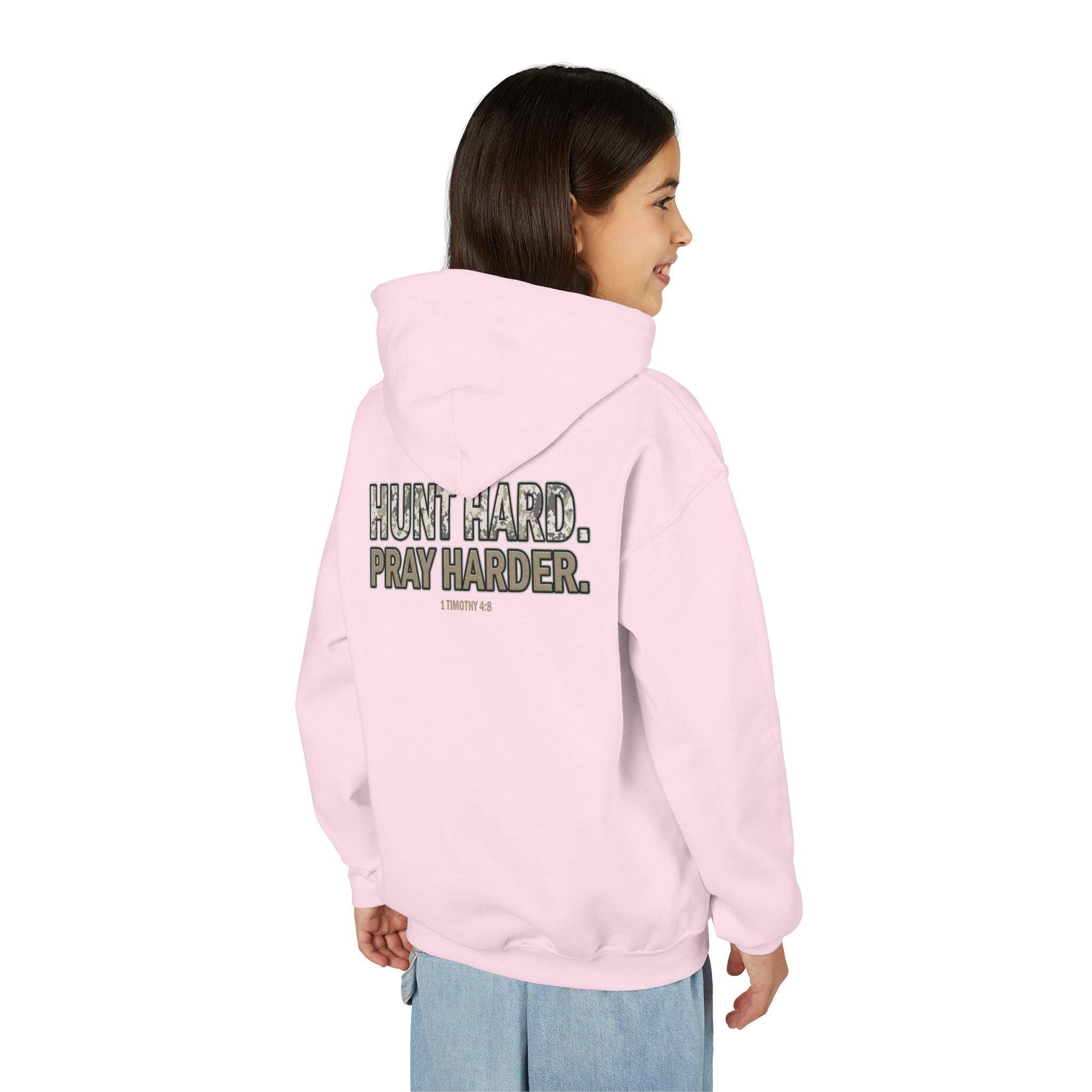 Hunt Hard Pray Harder Youth Christian Hoodie | 1 Timothy 4:8 | Camo Hunting Faith Hoodie | Christian Kids Gifts | Outdoors Scripture Hoodie