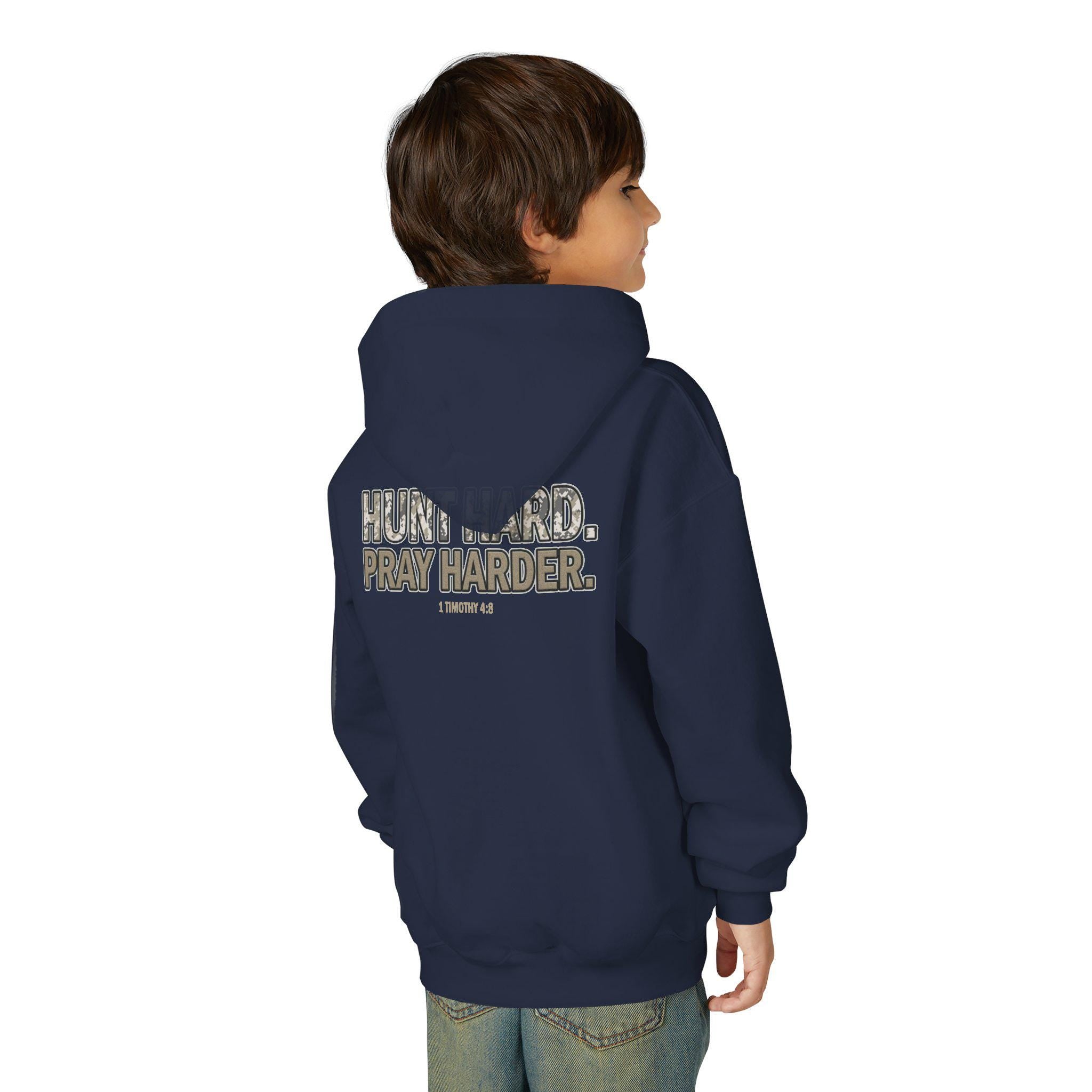 Hunt Hard Pray Harder Youth Christian Hoodie | 1 Timothy 4:8 | Camo Hunting Faith Hoodie | Christian Kids Gifts | Outdoors Scripture Hoodie