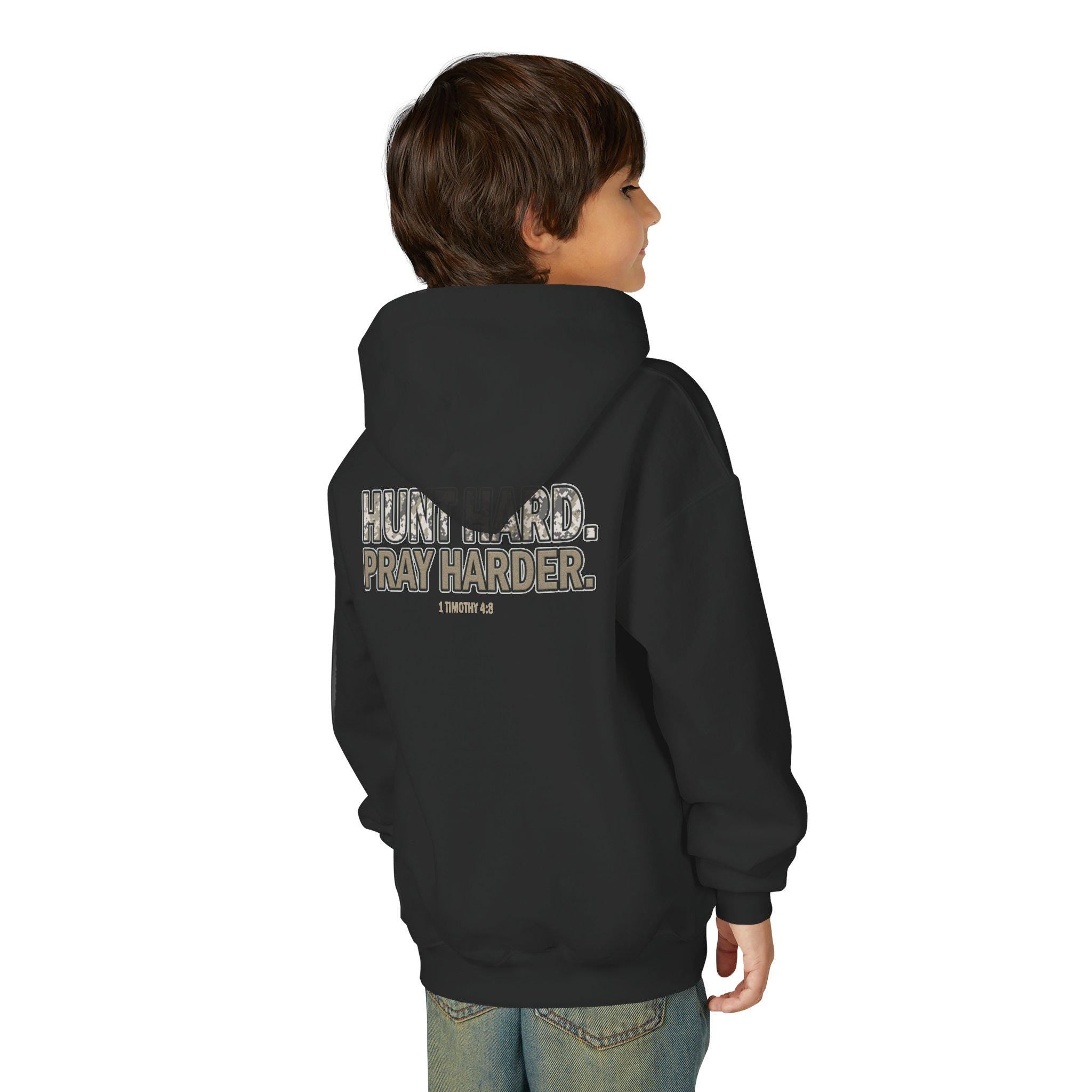 Hunt Hard Pray Harder Youth Christian Hoodie | 1 Timothy 4:8 | Camo Hunting Faith Hoodie | Christian Kids Gifts | Outdoors Scripture Hoodie