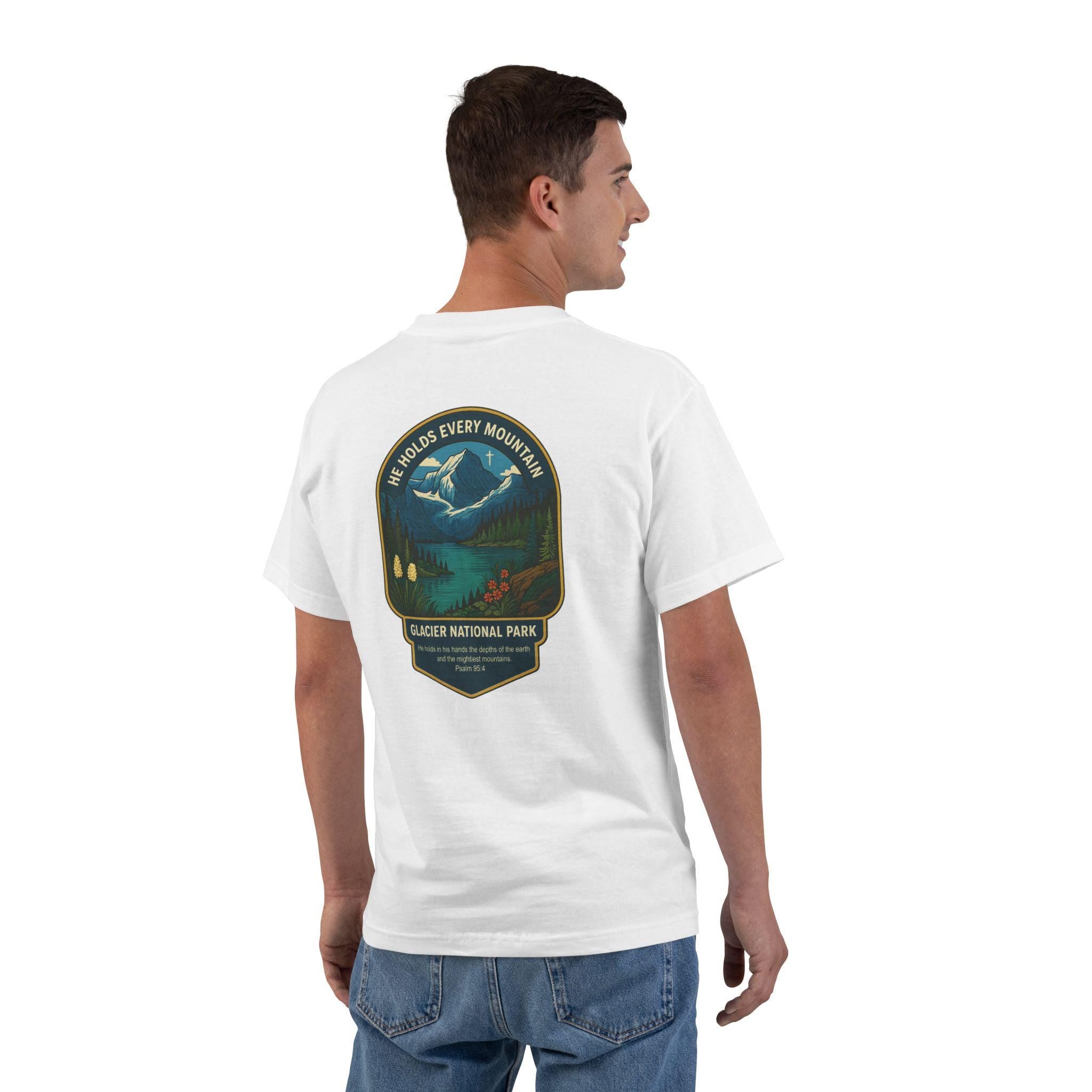 MT-He Holds Every Mountain Glacier National Park, Christian Shirt, Psalm 954, Montana Faith Tee, God Bless America Collection, Unisex Shirt