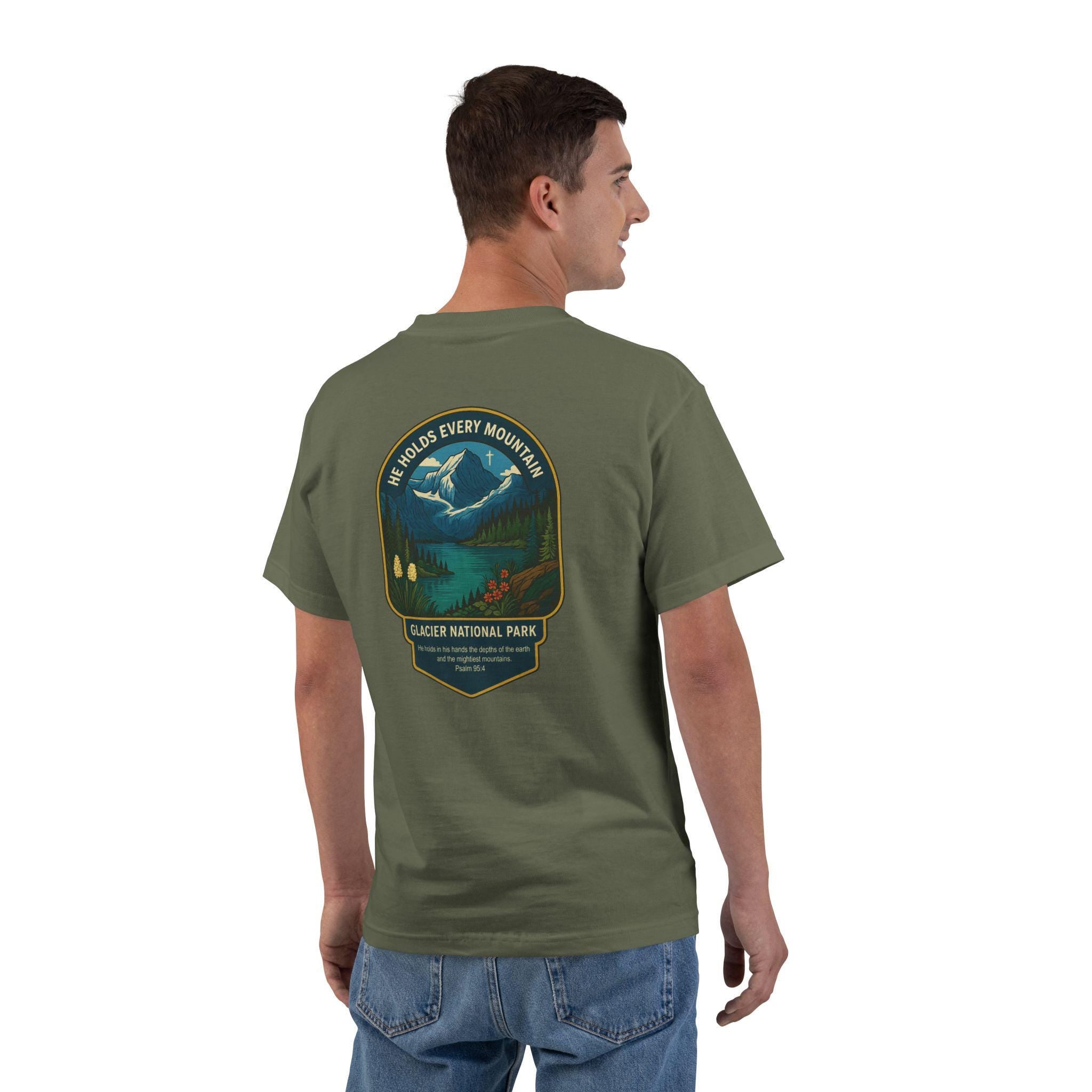 MT-He Holds Every Mountain Glacier National Park, Christian Shirt, Psalm 954, Montana Faith Tee, God Bless America Collection, Unisex Shirt