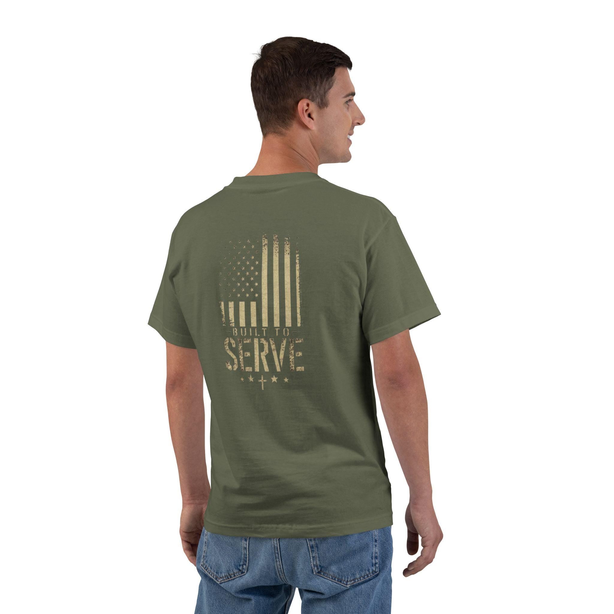 Built to Serve T-Shirt: Christian Patriotic Distressed American Flag Tee
