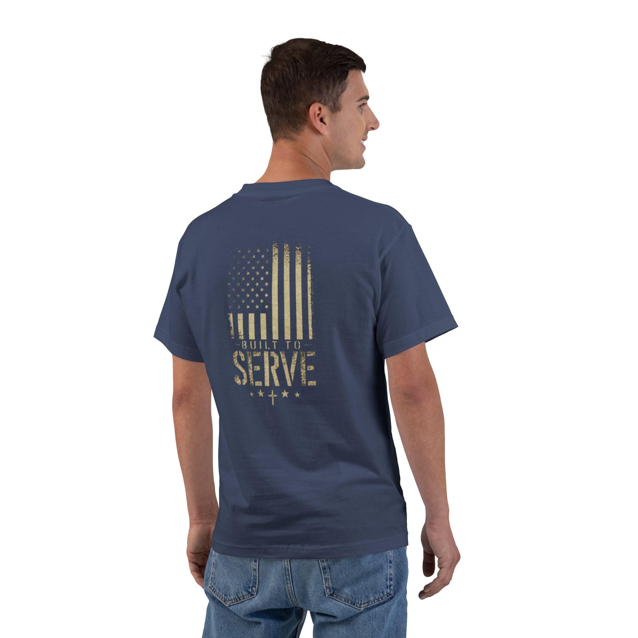 Built to Serve T-Shirt: Christian Patriotic Distressed American Flag Tee