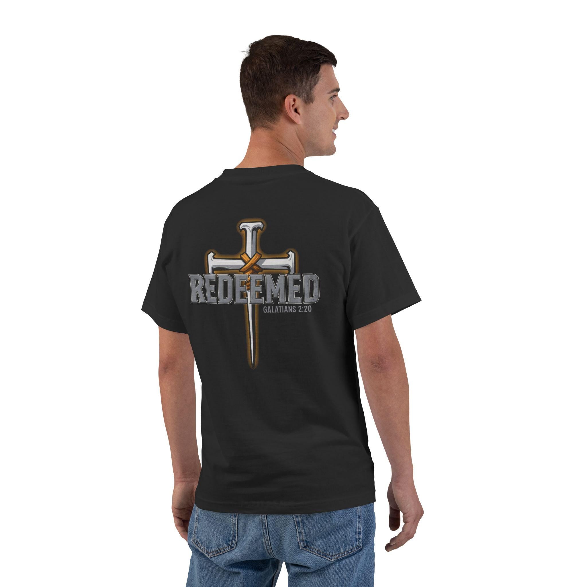 Redeemed Christian T-Shirt | Galatians 2:20 Shirt | Faith-Based Apparel | Cross Design | Religious Gift for Men & Women | Redeemed Faith Tee