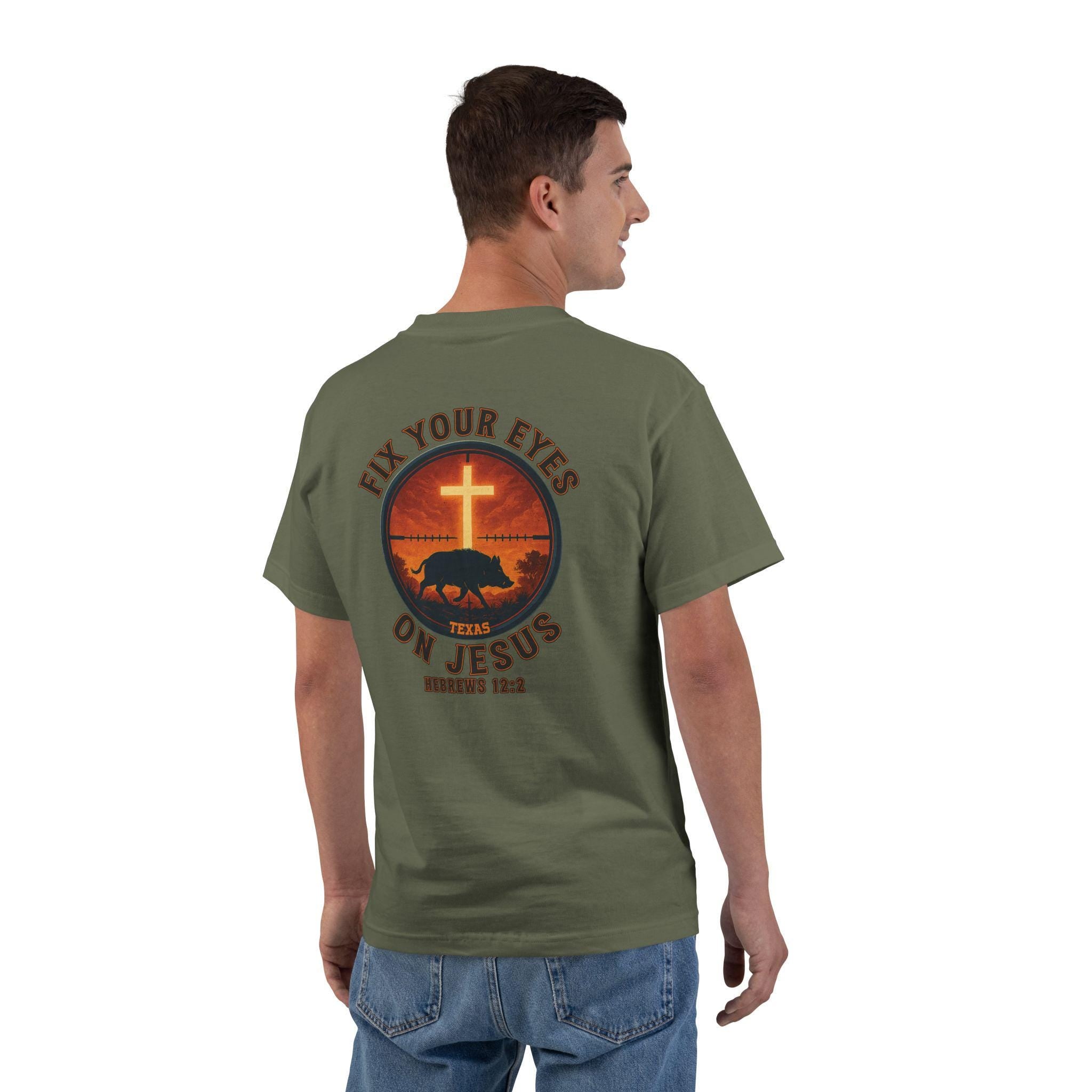 TX-Fix Your Eyes on Jesus, Texas Christian Hunting Shirt, Hebrews 122, Hog Hunt, Cross Tee, Faith and Outdoors, God Bless America Collection