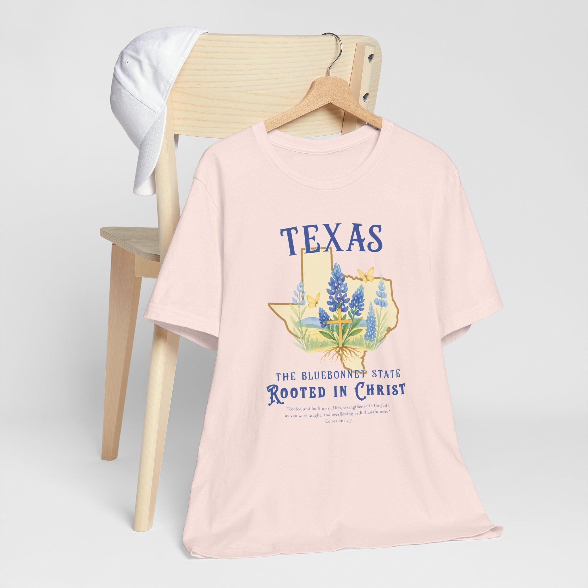 TX-Texas Bluebonnet, Rooted in Christ Ladies Christian Shirt, Colossians 27, Womens Faith Tee, Texas Pride, Bible Verse, God Bless America