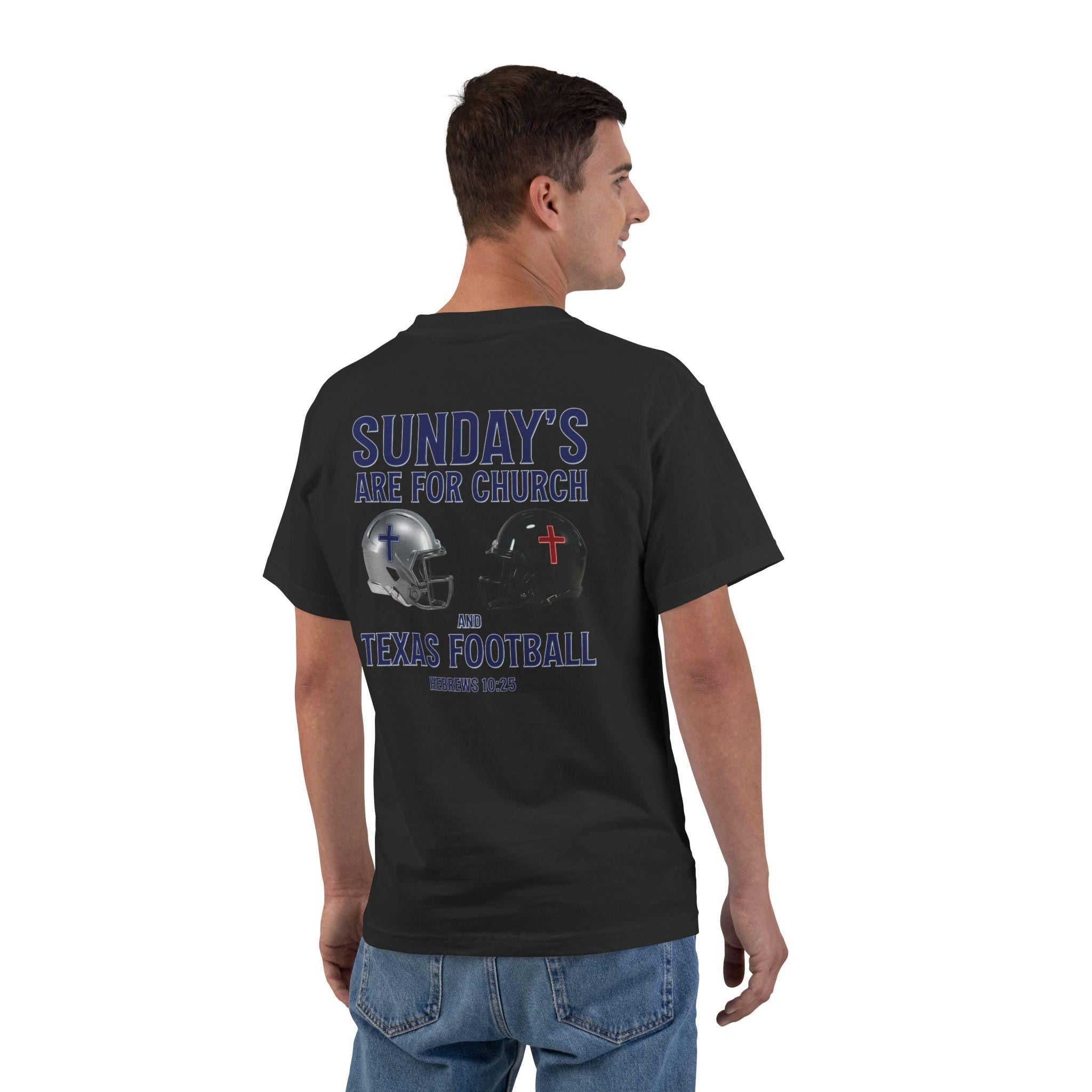 TX-Sundays Are for Church and Texas Football, Christian T Shirt, Hebrews 1025, Jesus and Football Tee, God Bless America Collection, Texas T