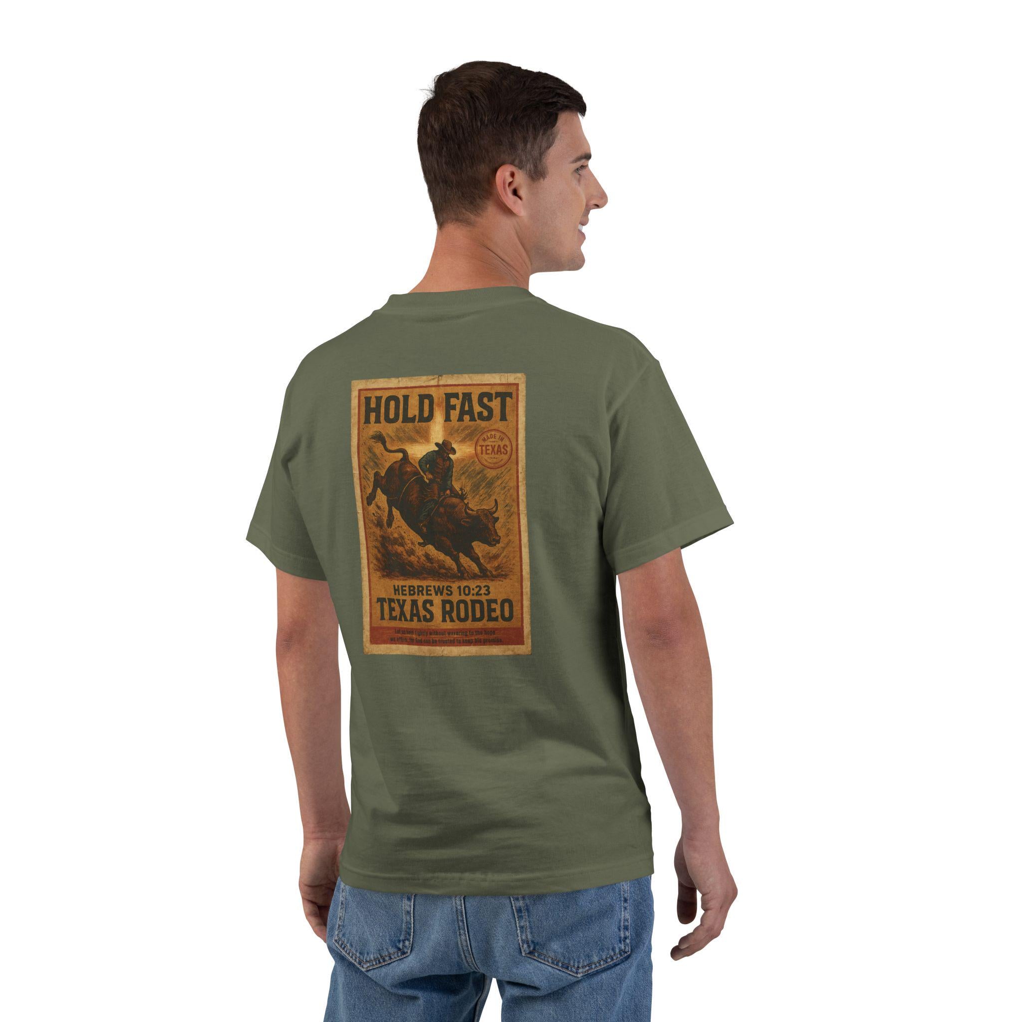 TX-Hold Fast Texas Rodeo, Christian Shirt, Hebrews 1023, Bull Rider T Shirt, Cowboy Faith Apparel, Jesus Saves, God Bless America Collection