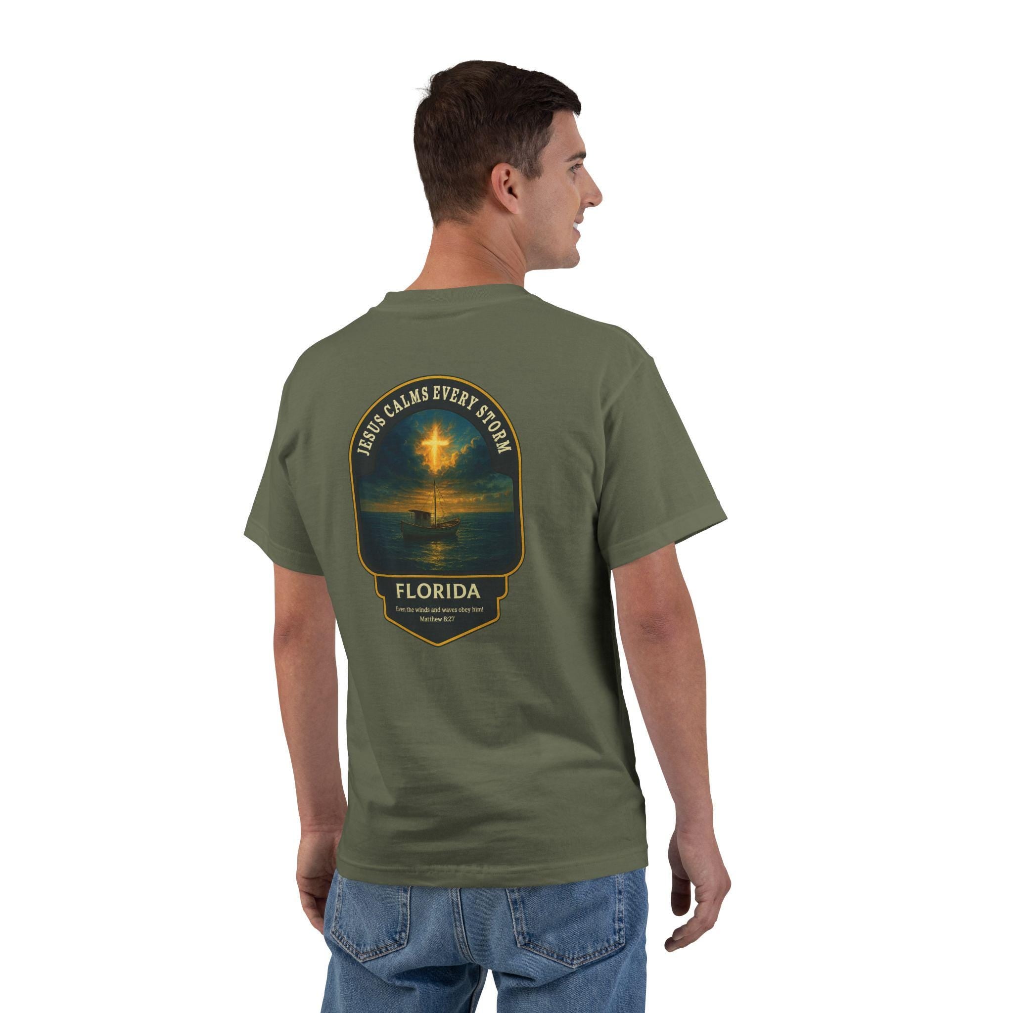 FL-Jesus Calms Every Storm - Florida, Christian Shirt, Matthew 827, Faith T Shirt, Ocean Boat Design, God Bless America Collection