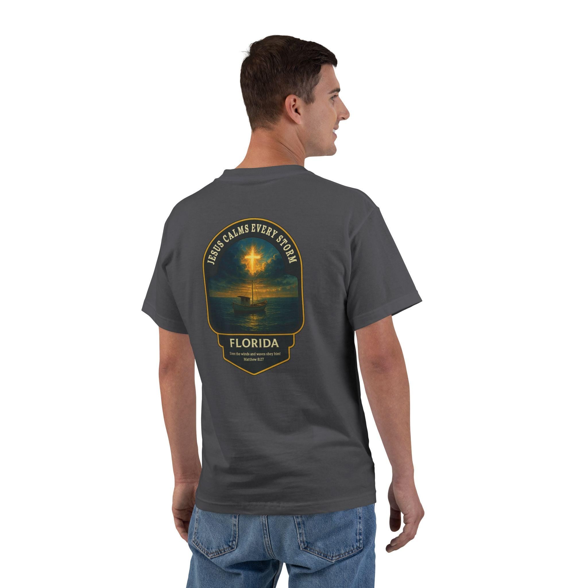 FL-Jesus Calms Every Storm - Florida, Christian Shirt, Matthew 827, Faith T Shirt, Ocean Boat Design, God Bless America Collection