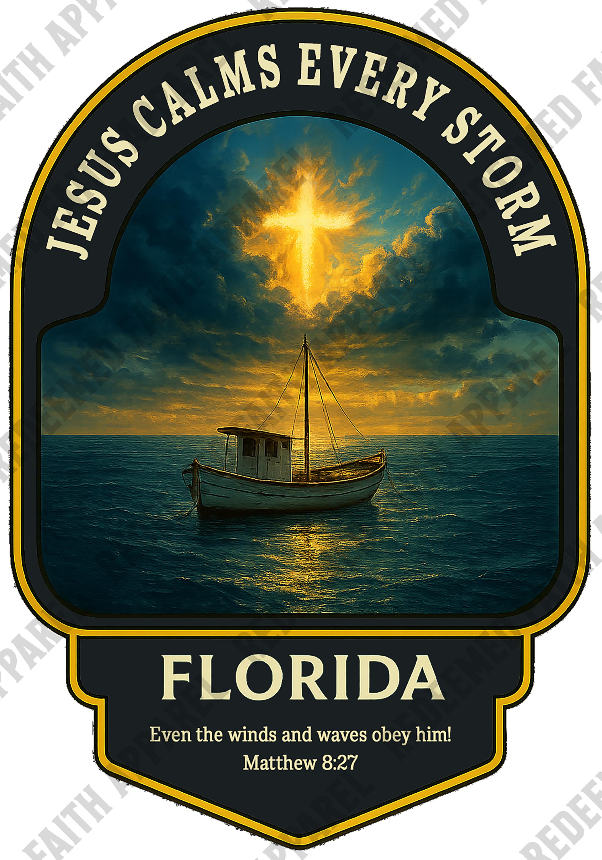 FL-Jesus Calms Every Storm - Florida, Christian Shirt, Matthew 827, Faith T Shirt, Ocean Boat Design, God Bless America Collection