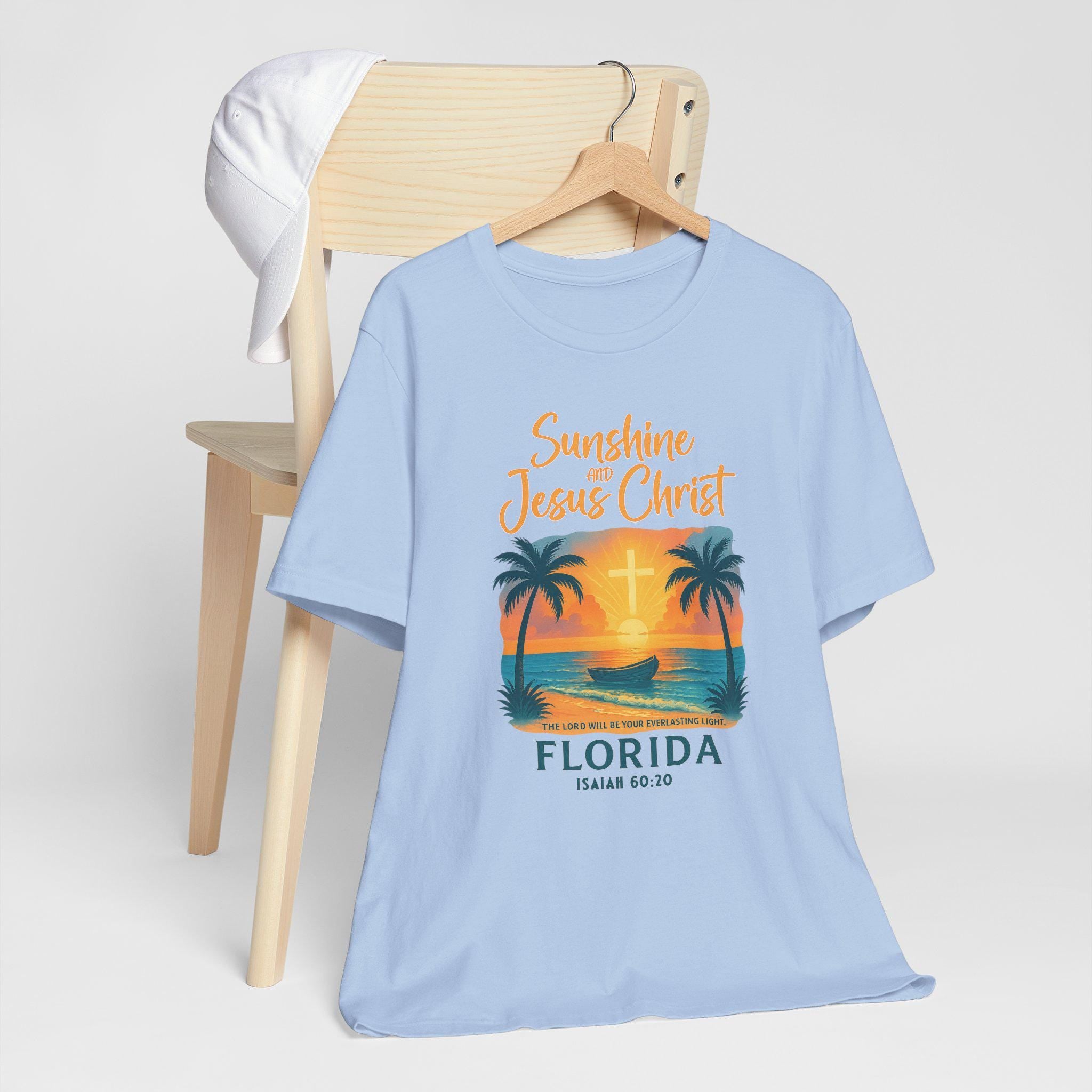 FL-Womens - Sunshine and Jesus Christ, Florida Christian Shirt, Isaiah 6020, Faith T Shirt, Beach Cross Design, God Bless America Collection