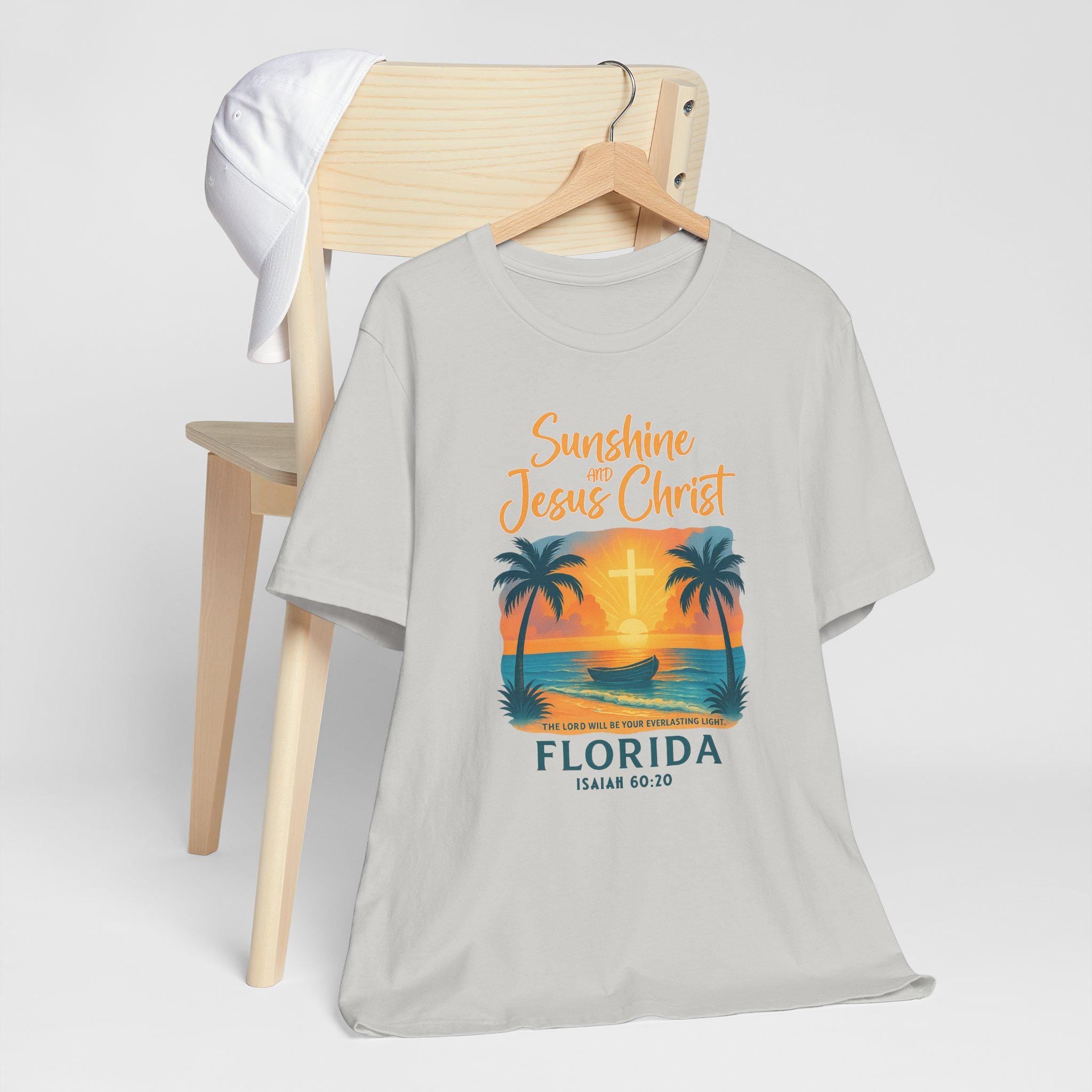 FL-Womens - Sunshine and Jesus Christ, Florida Christian Shirt, Isaiah 6020, Faith T Shirt, Beach Cross Design, God Bless America Collection