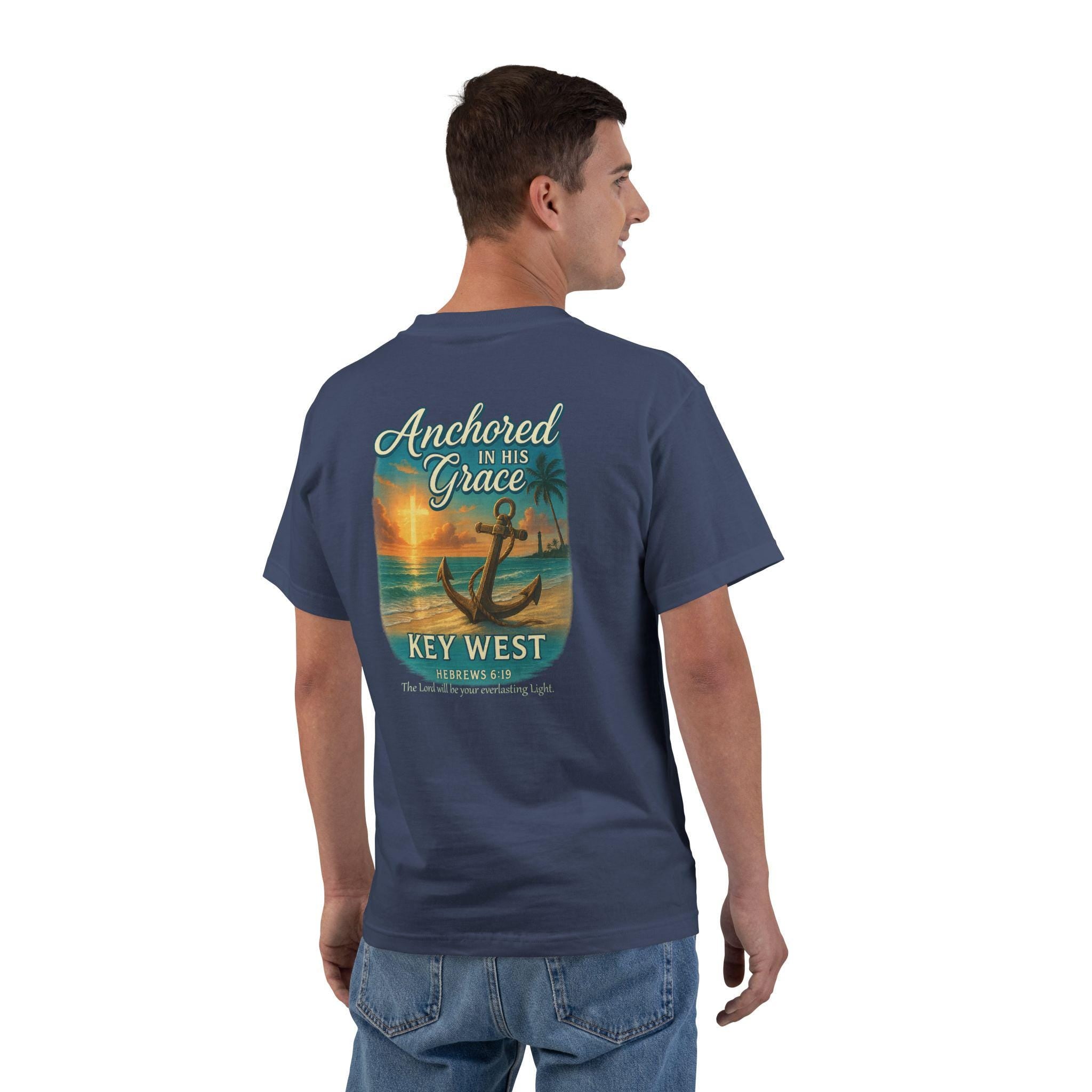 FL-(BACK) Anchored In His Grace Key West, Christian Shirt, Hebrews 619, Faith T Shirt, Beach Anchor Design, God Bless America Collection