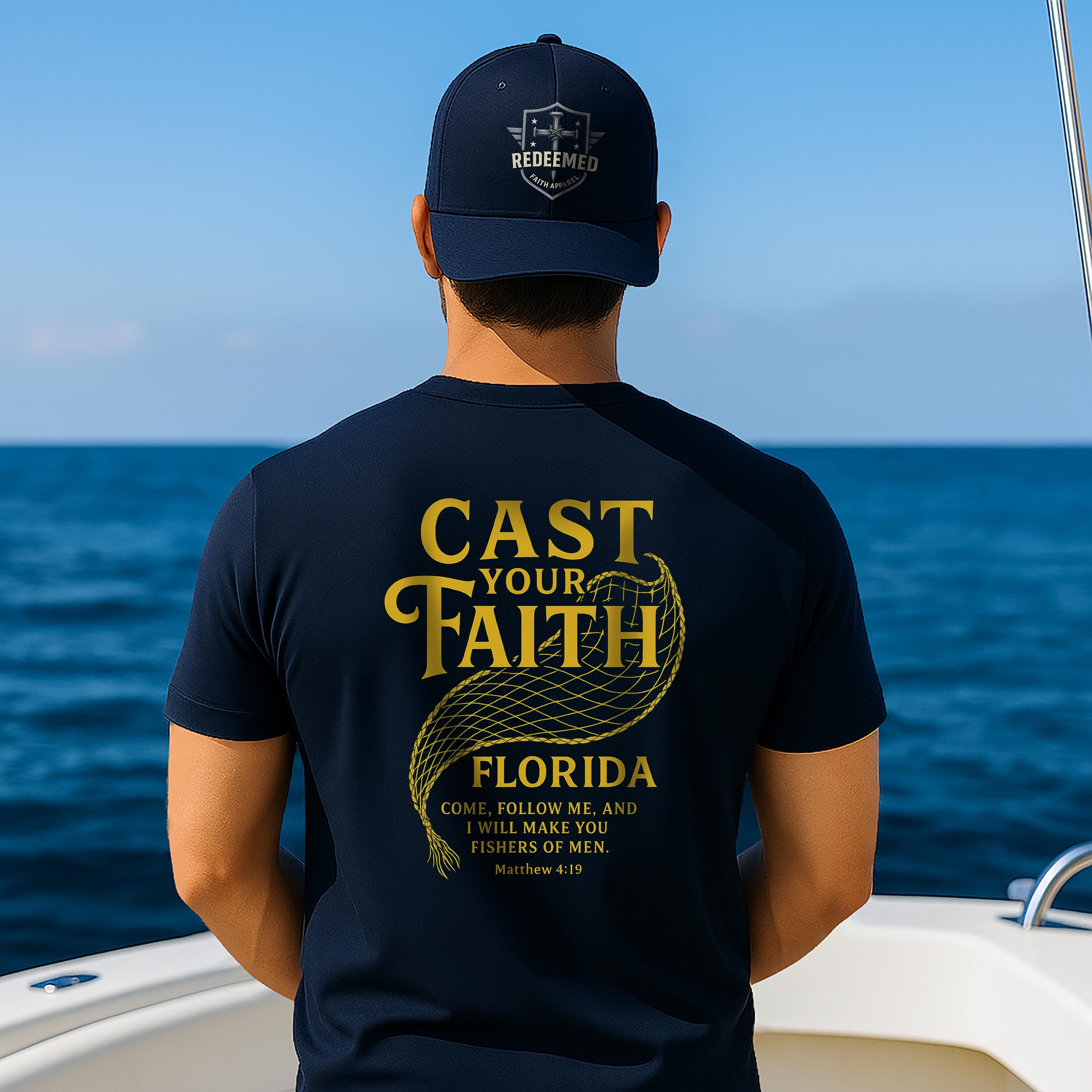FL-Cast Your Faith Florida, Christian Shirt, Matthew 419, Fishers of Men, Faith T Shirt, Golden Net Design, God Bless America Collection
