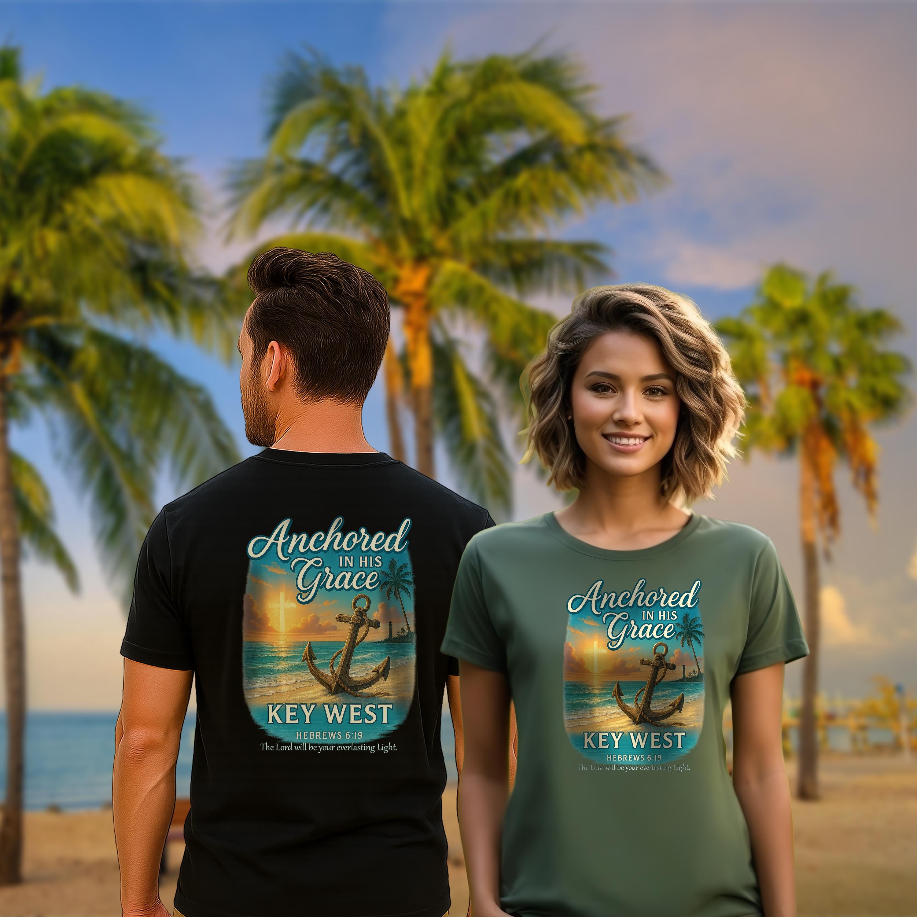 FL-(FRONT) Anchored In His Grace Key West, Christian Shirt, Hebrews 619, Faith T Shirt, Beach Anchor Design, God Bless America Collection