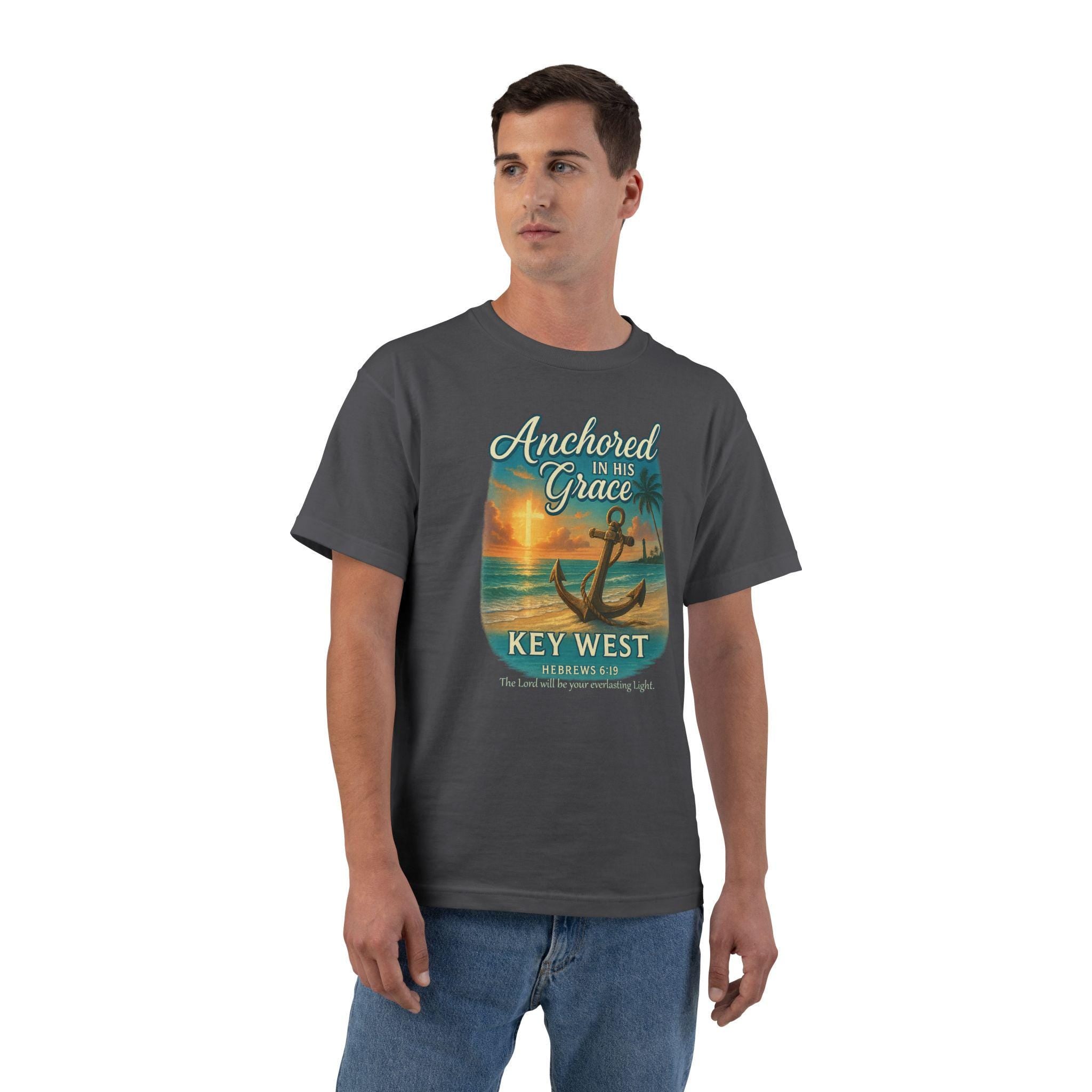 FL-(FRONT) Anchored In His Grace Key West, Christian Shirt, Hebrews 619, Faith T Shirt, Beach Anchor Design, God Bless America Collection