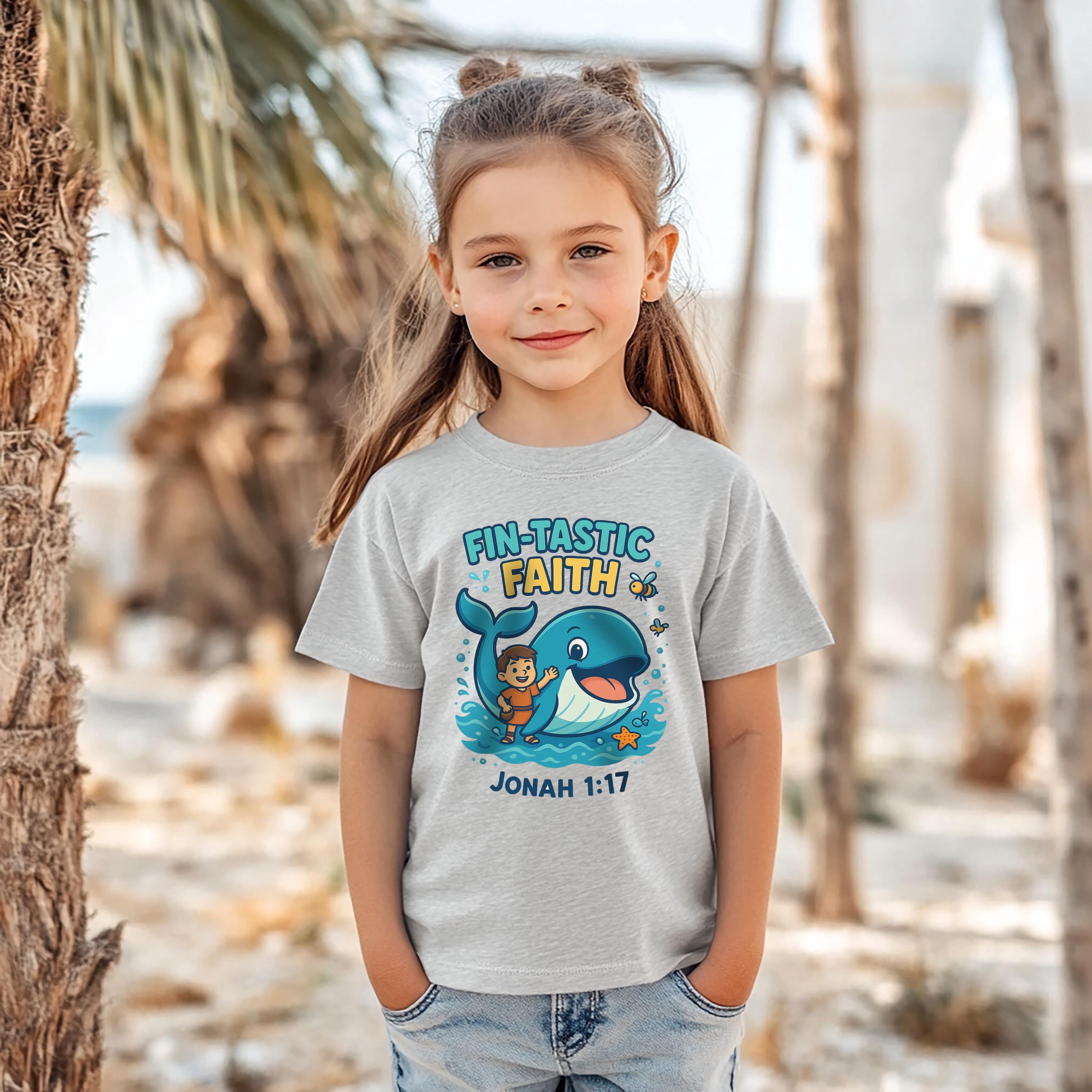 Fin-Tastic Faith Kids Shirt, Jonah 1:17, Christian Whale Tee, Bible Story Shirt for Boys and Girls, Cute Christian Youth Apparel