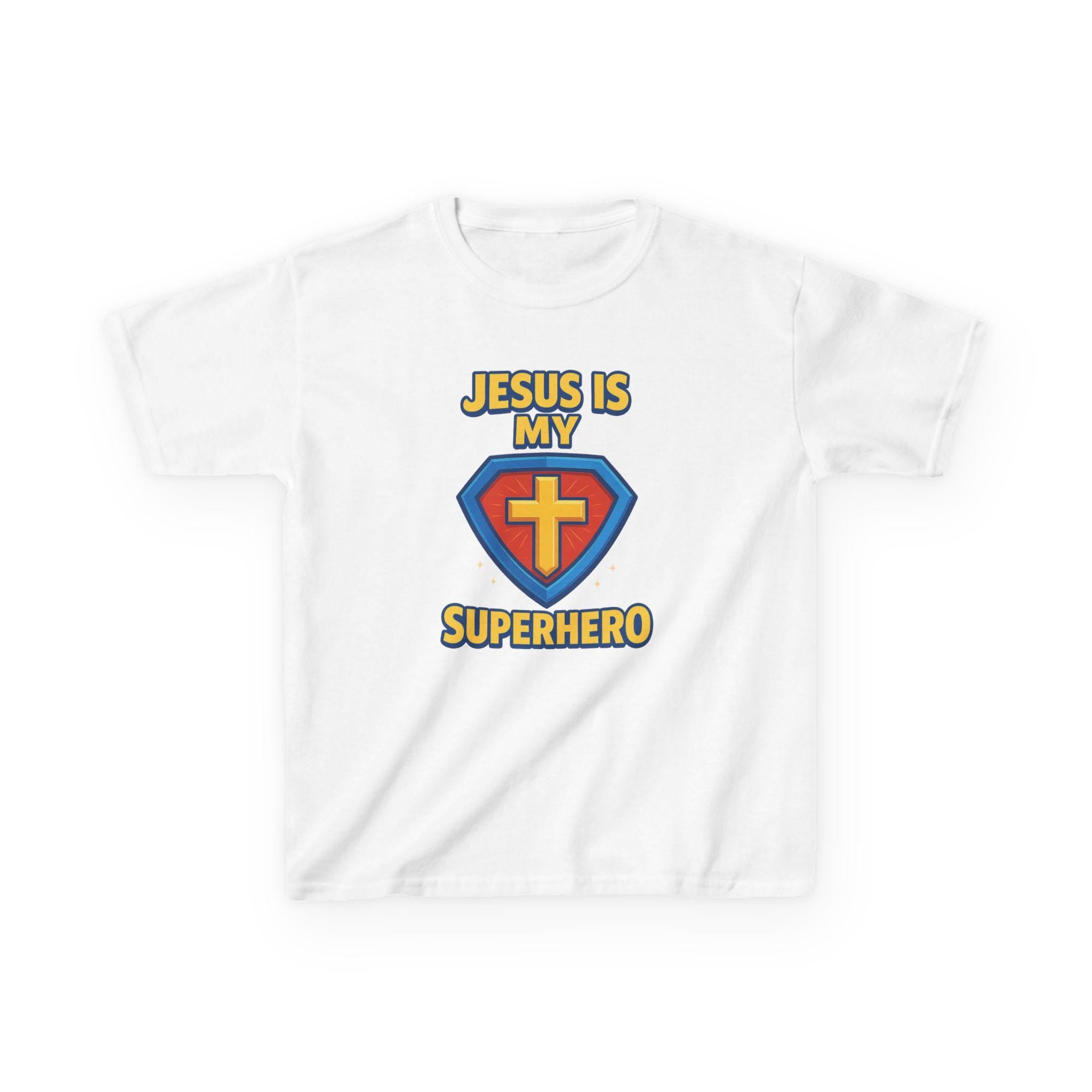 Jesus Is My Superhero Kids Shirt, Christian Youth Tee with Shield and Cross, Fun Bible Shirt for Boys and Girls, Faith Hero T-shirt