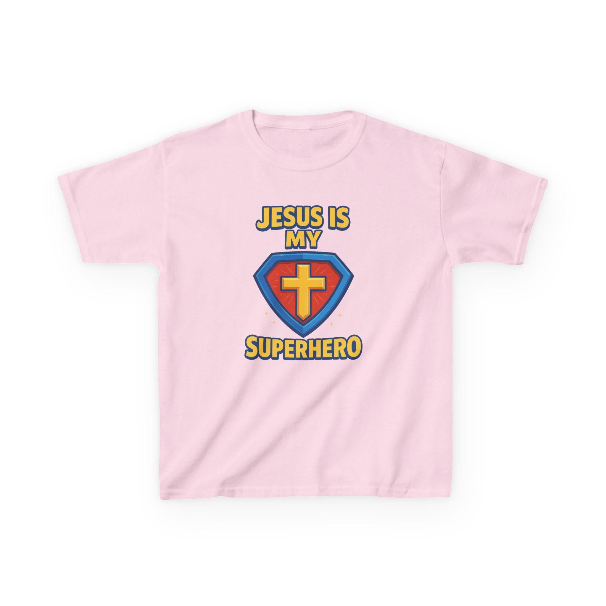 Jesus Is My Superhero Kids Shirt, Christian Youth Tee with Shield and Cross, Fun Bible Shirt for Boys and Girls, Faith Hero T-shirt