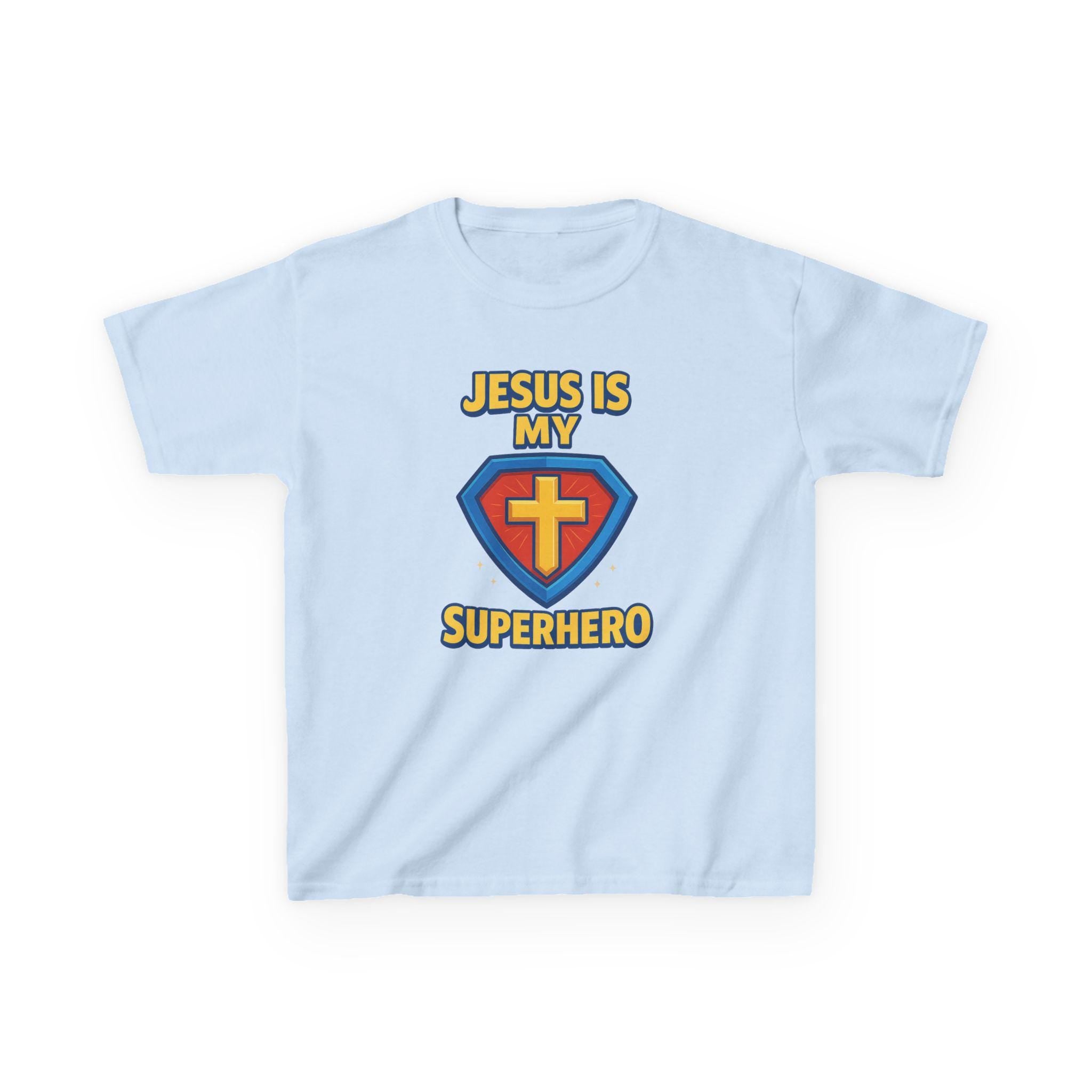Jesus Is My Superhero Kids Shirt, Christian Youth Tee with Shield and Cross, Fun Bible Shirt for Boys and Girls, Faith Hero T-shirt