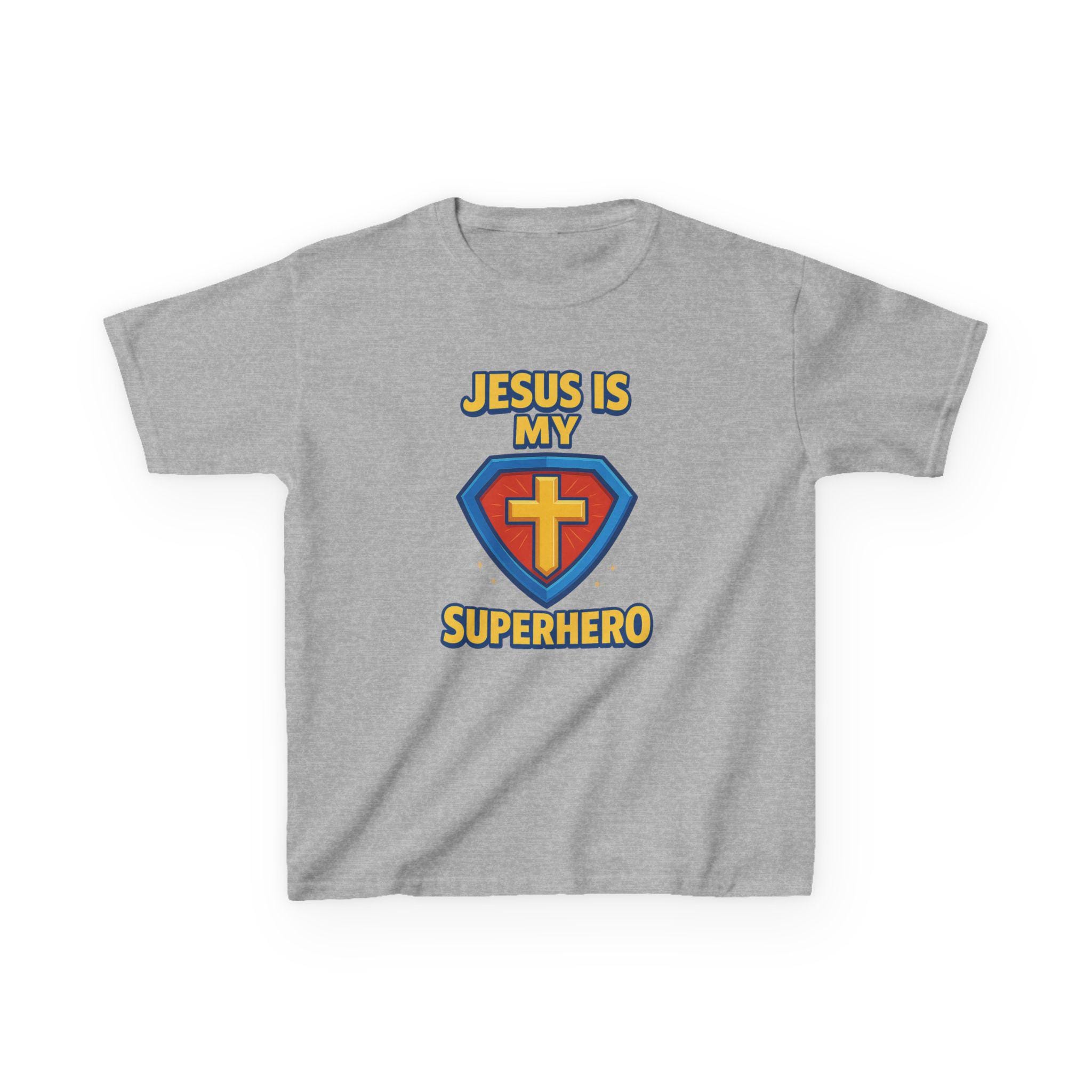Jesus Is My Superhero Kids Shirt, Christian Youth Tee with Shield and Cross, Fun Bible Shirt for Boys and Girls, Faith Hero T-shirt