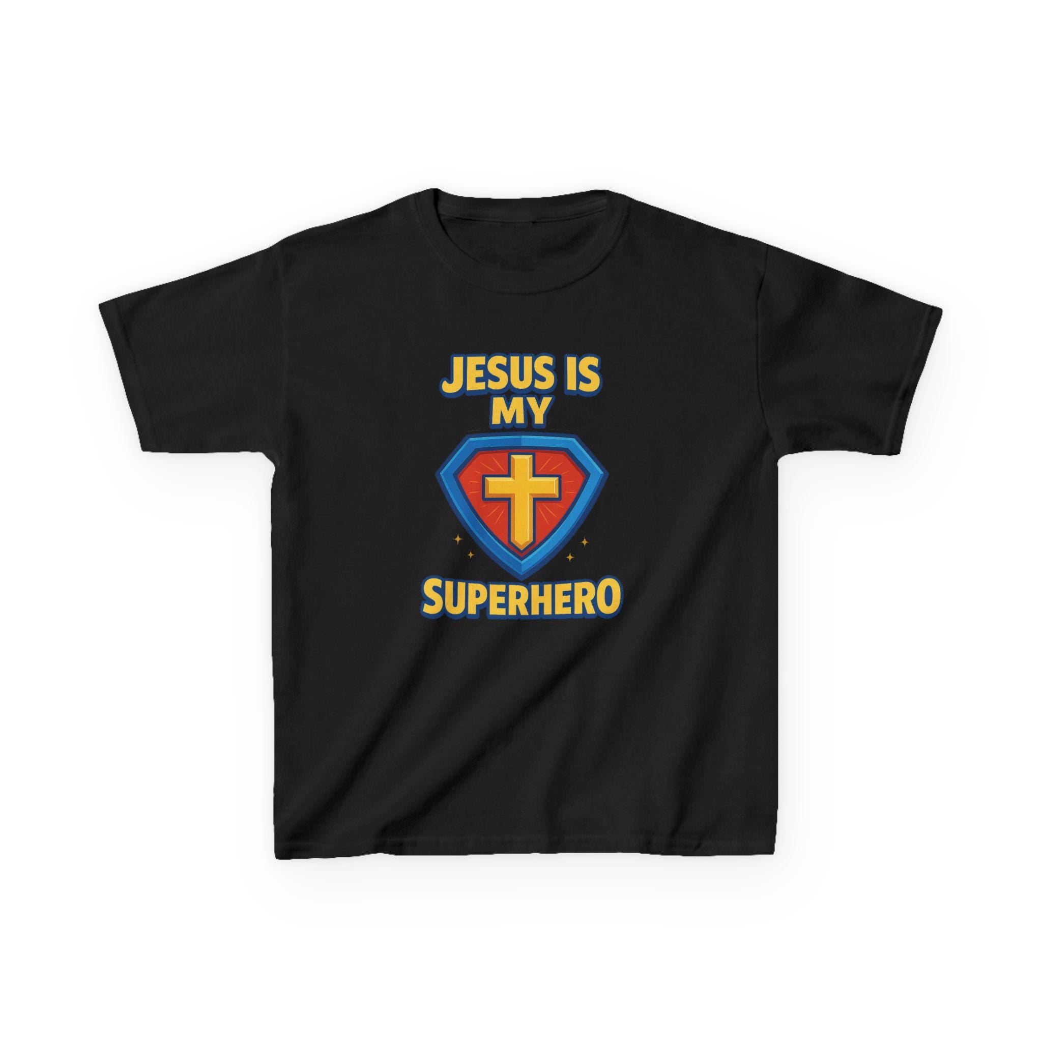 Jesus Is My Superhero Kids Shirt, Christian Youth Tee with Shield and Cross, Fun Bible Shirt for Boys and Girls, Faith Hero T-shirt