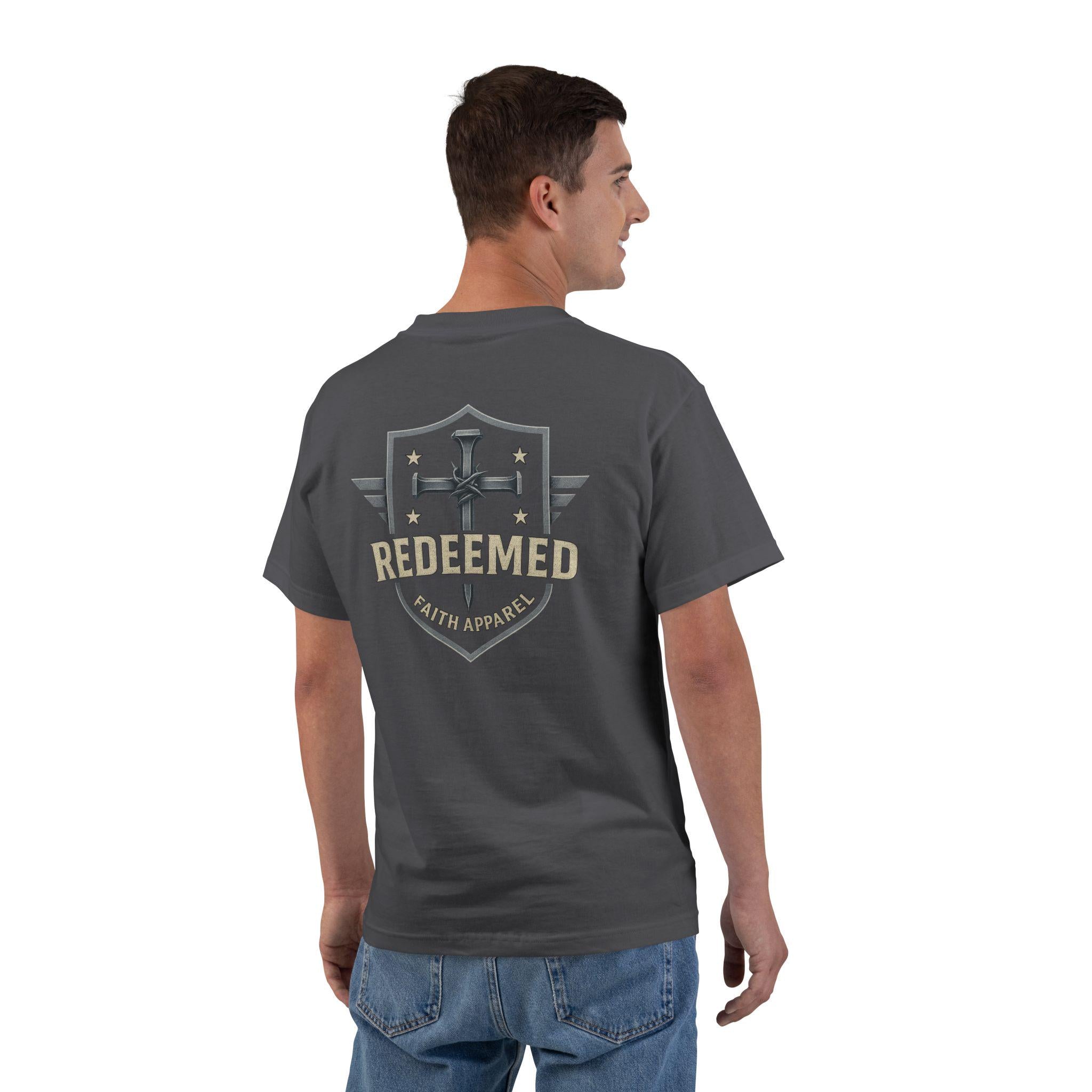 Redeemed Faith Apparel Logo Tee: Christian Cross & Shield Design