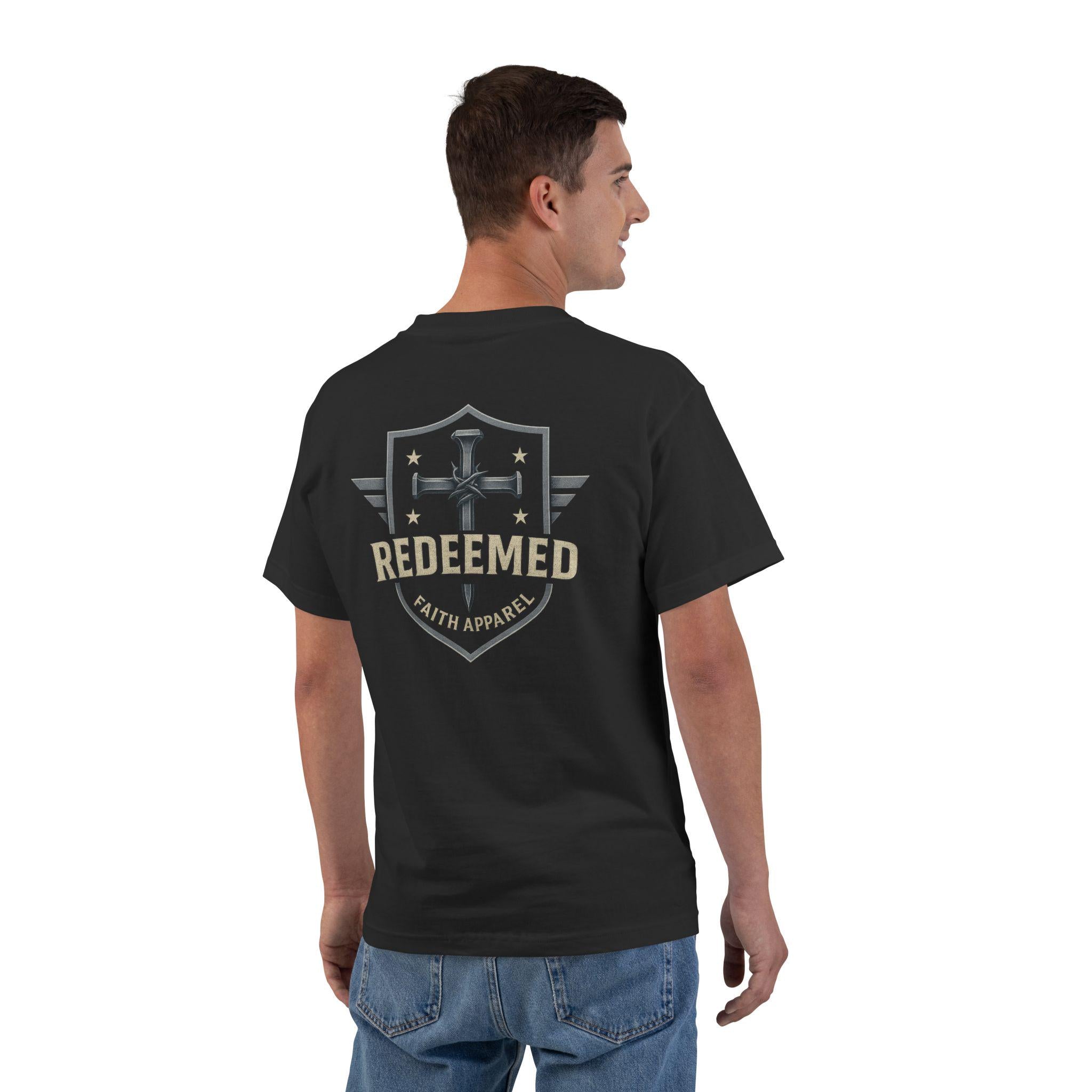 Redeemed Faith Apparel Logo Tee: Christian Cross & Shield Design