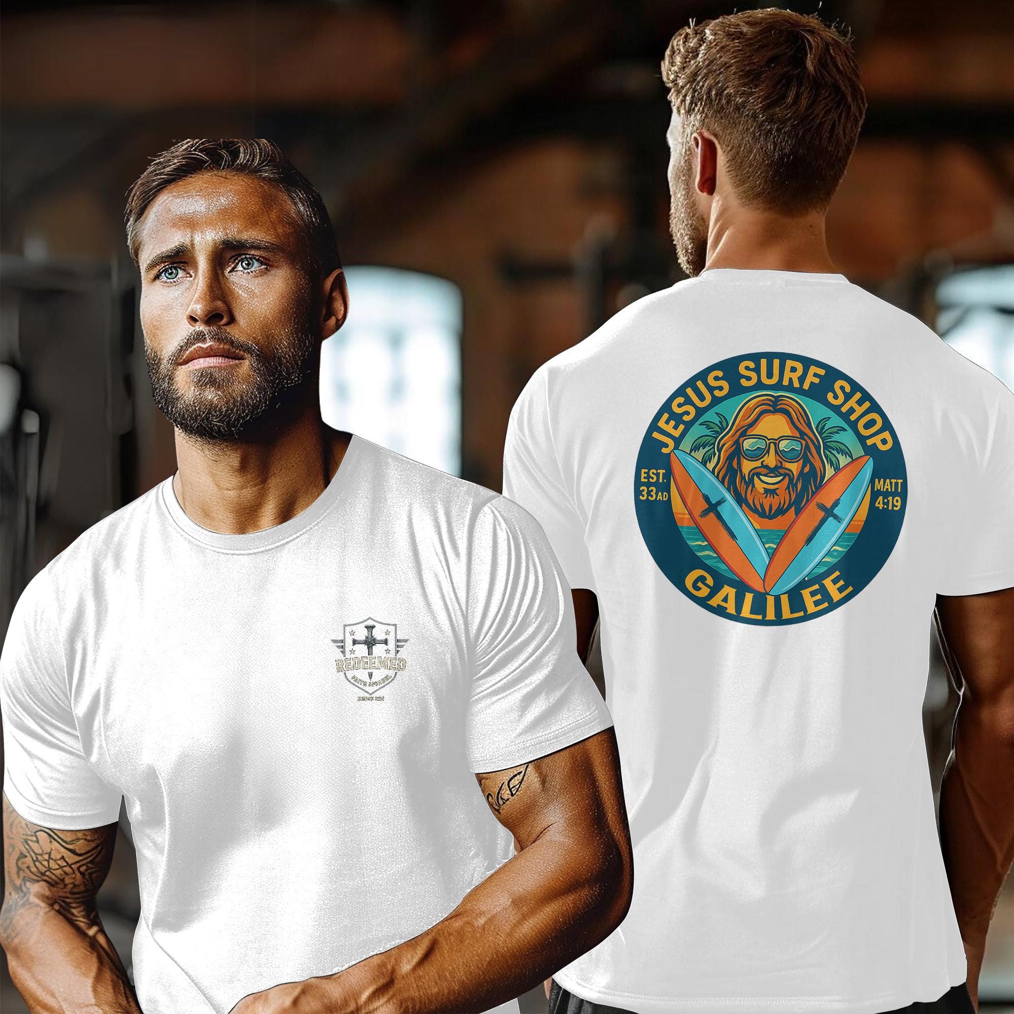 Jesus Surf Shop Galilee Christian T-Shirt - Matthew 4:19 Bible Verse Tee, Fishers of Men Surf Shirt, Retro Coastal Faith Apparel