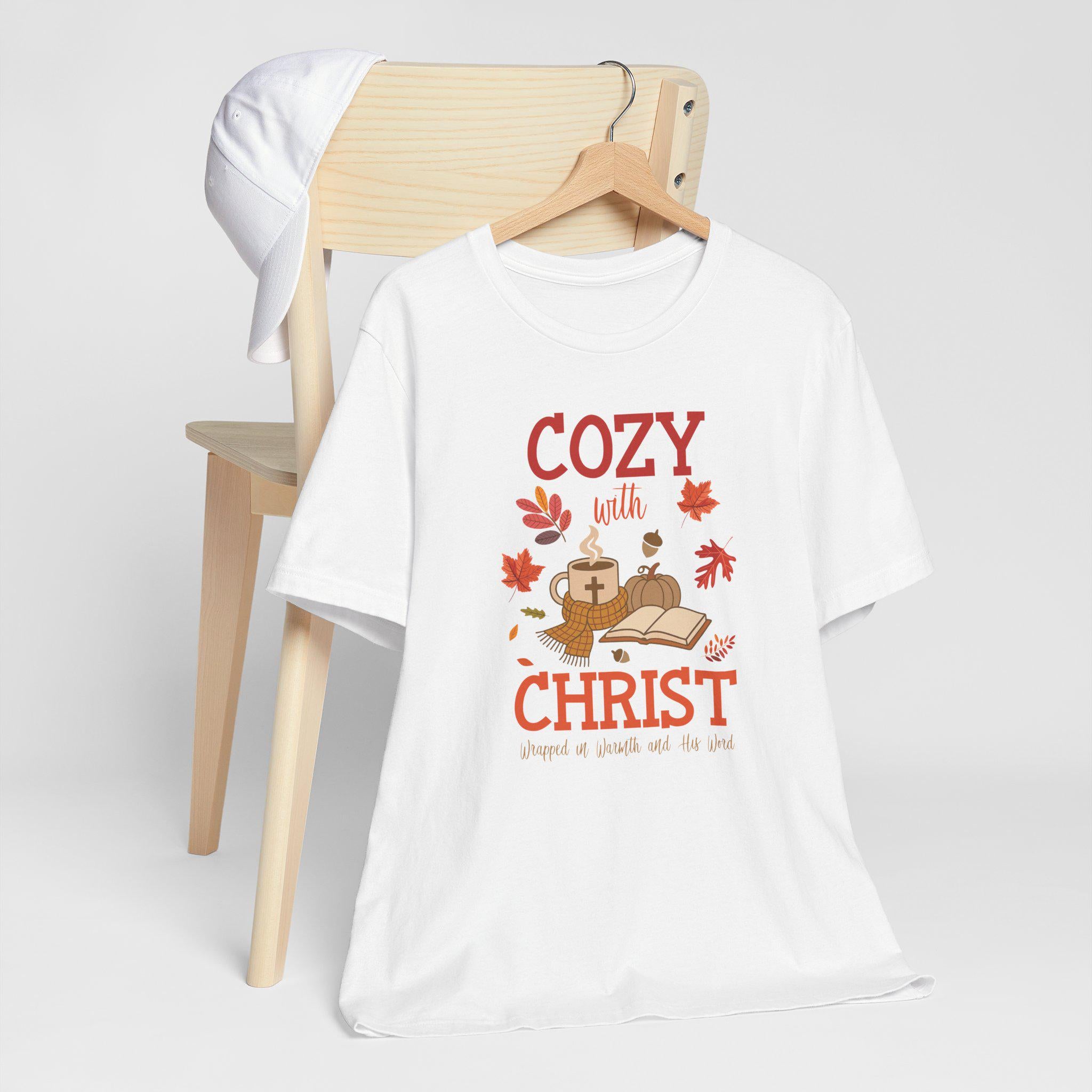 Cozy with Christ Fall Christian T-Shirt, Warmth and Comfort Tee, Pumpkin Spice Christian Shirt, Bible Study Women's Tee, Faith Gift for Her