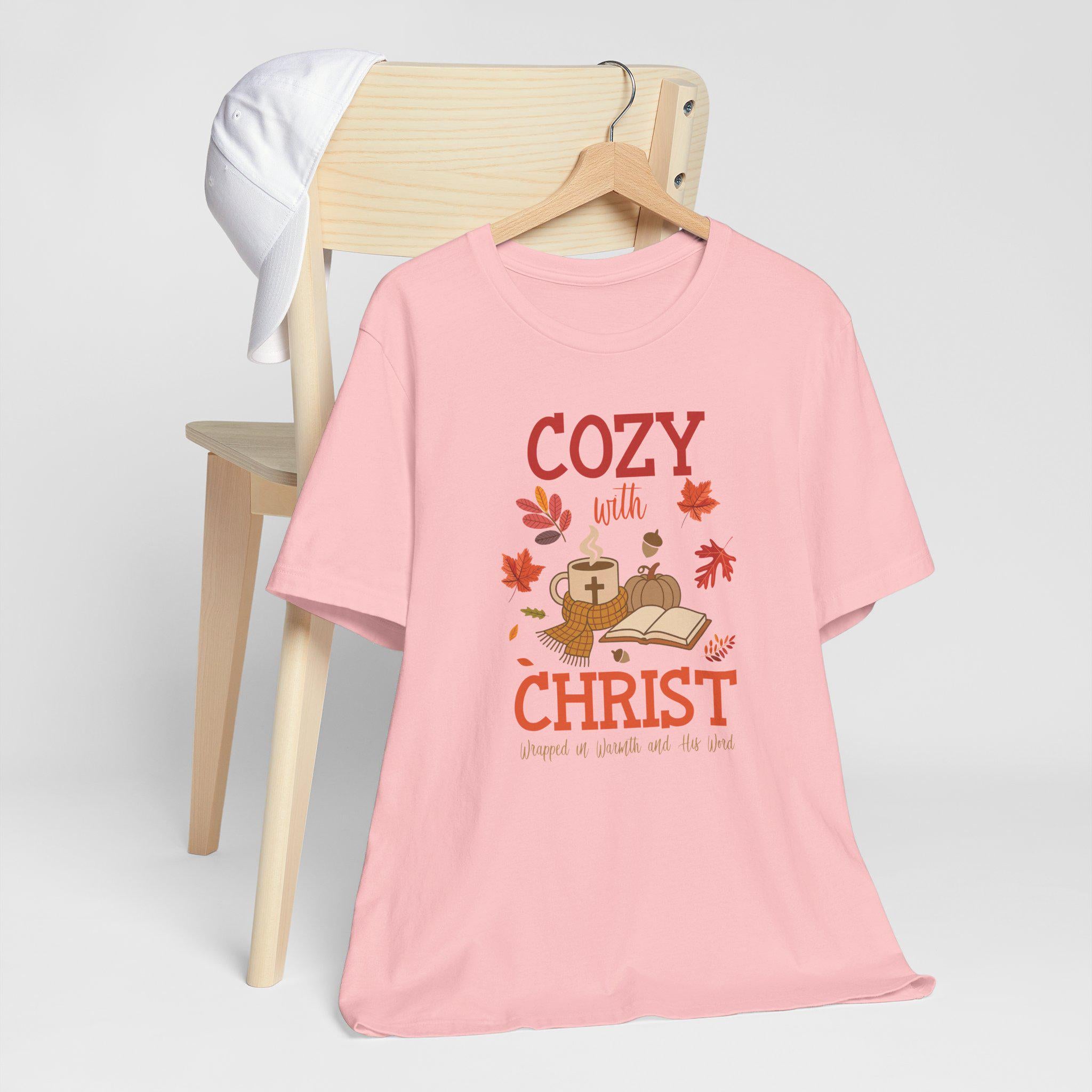 Cozy with Christ Fall Christian T-Shirt, Warmth and Comfort Tee, Pumpkin Spice Christian Shirt, Bible Study Women's Tee, Faith Gift for Her